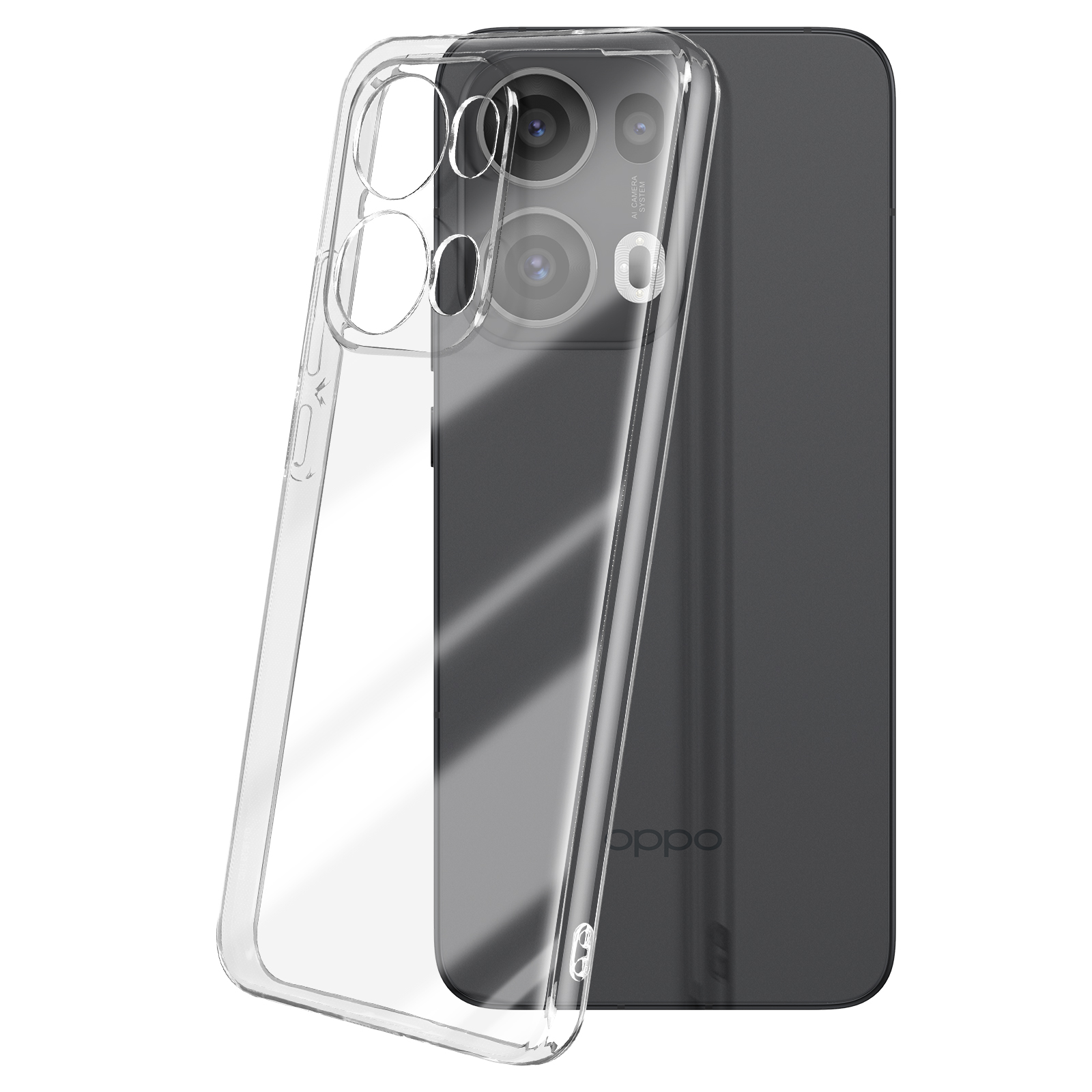 Custodia trasparente su telefono nero. Logo Oppo visibile. Vista angolata.