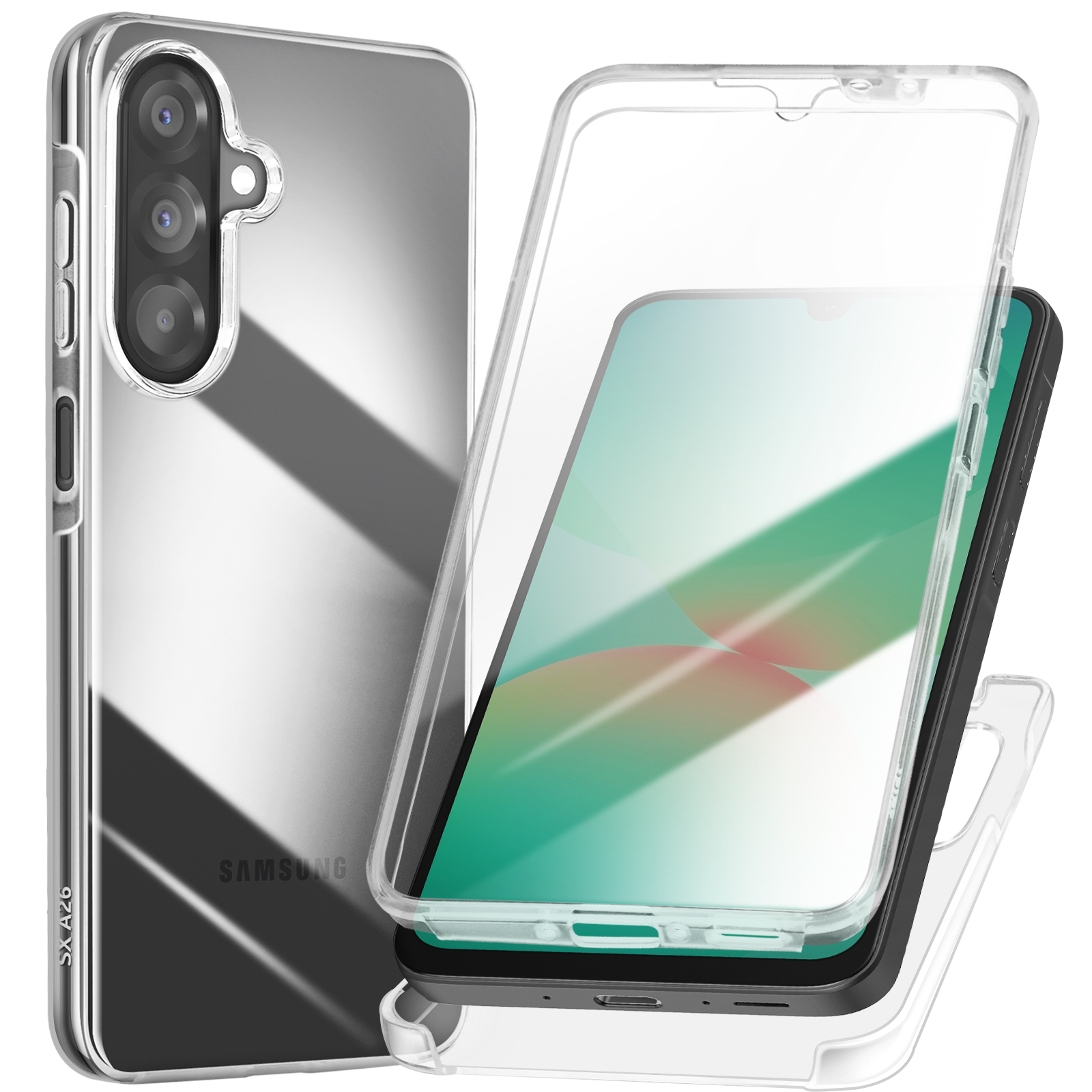 Telefono in custodia trasparente con supporto. Logo Samsung visibile. Telefono nero.