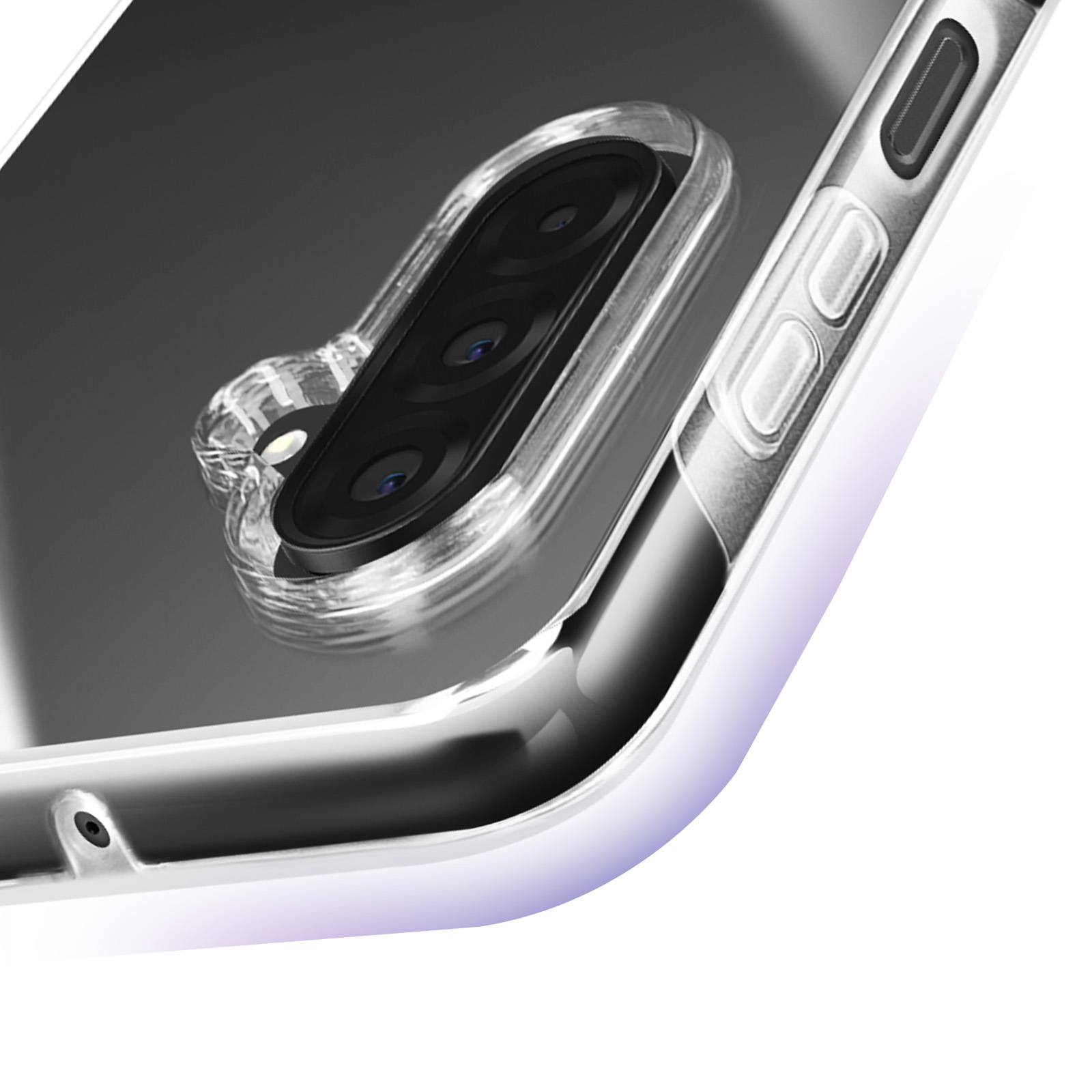 Primo piano del modulo fotocamera di un telefono. La copertura in plastica trasparente rivela lenti e pulsanti.