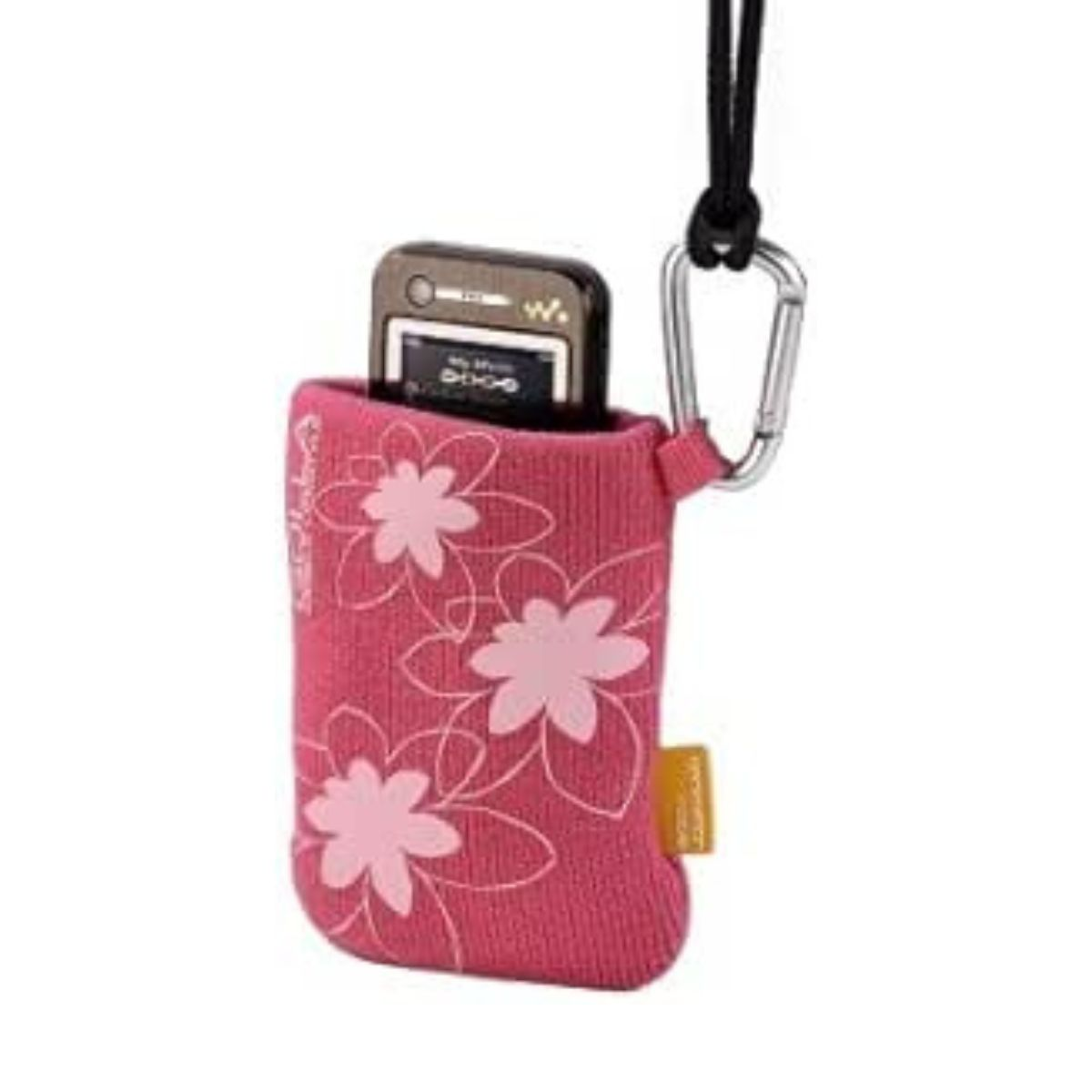 Rosa Handyhülle mit weißem Blumenmuster, hält ein kleines Gerät. Schwarzes Lanyard und silberner Clip.