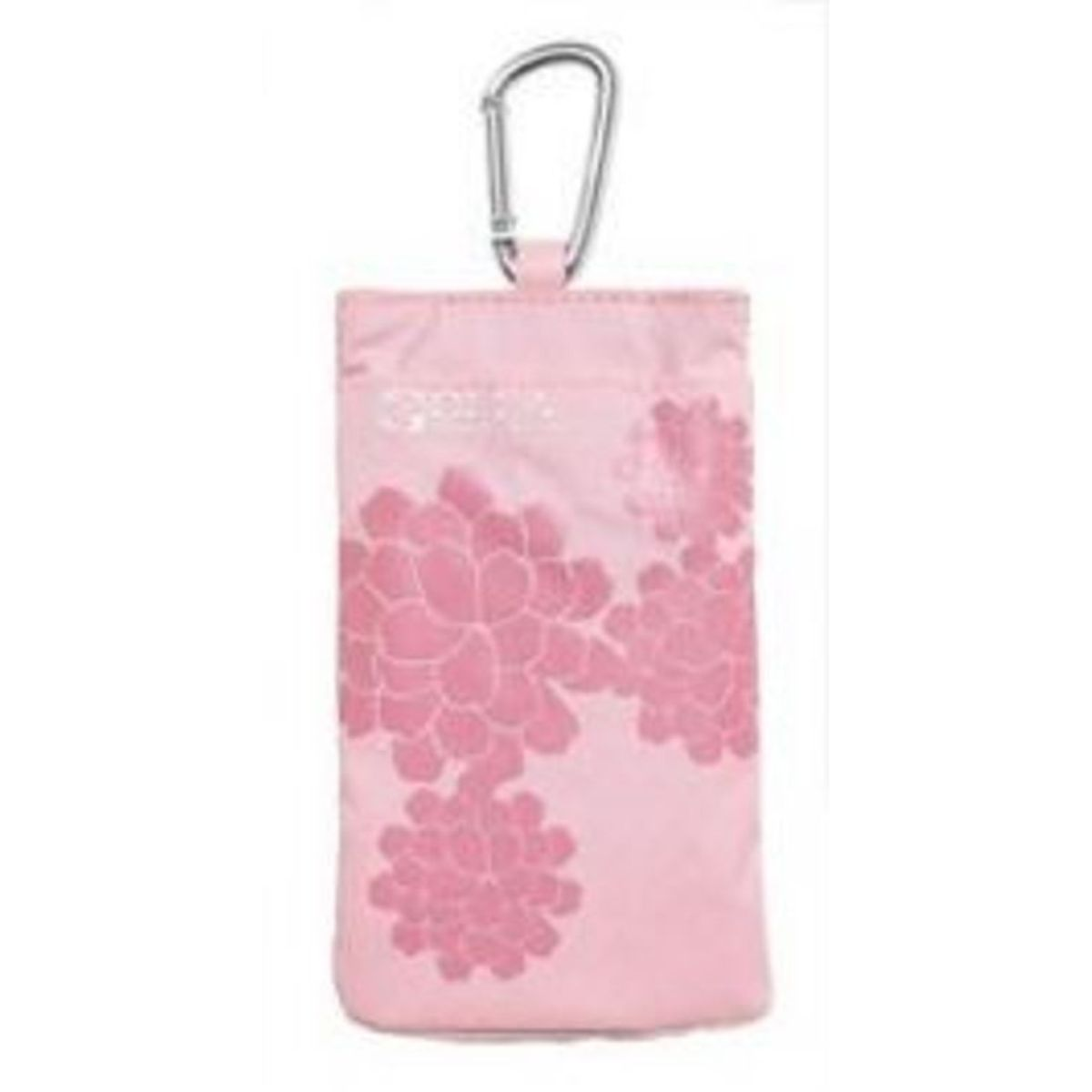 Rosa Handytasche mit floralem Design und einem silbernen Haken.