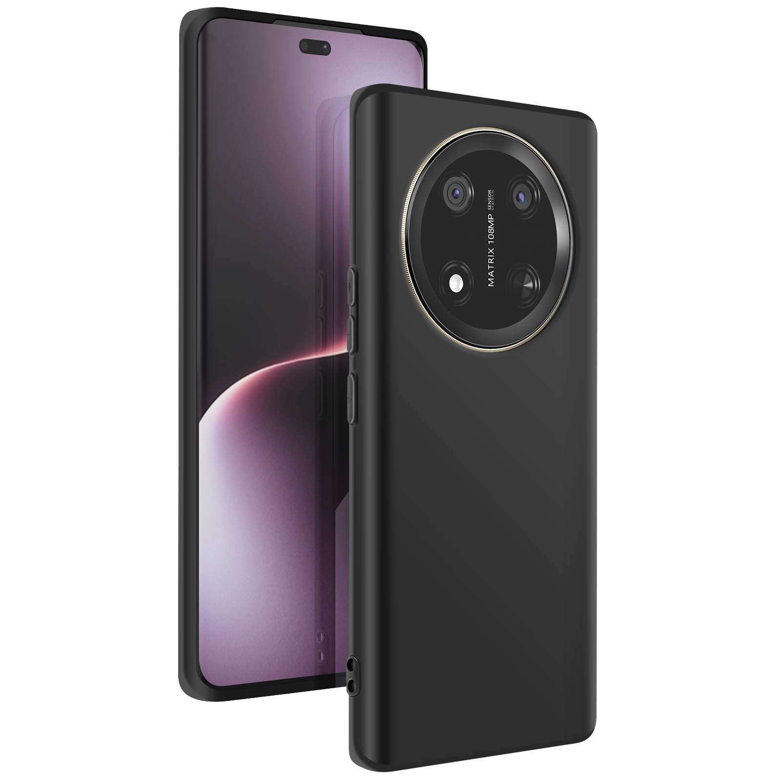Telefono nero con custodia nera, vista laterale, con custodia accanto.