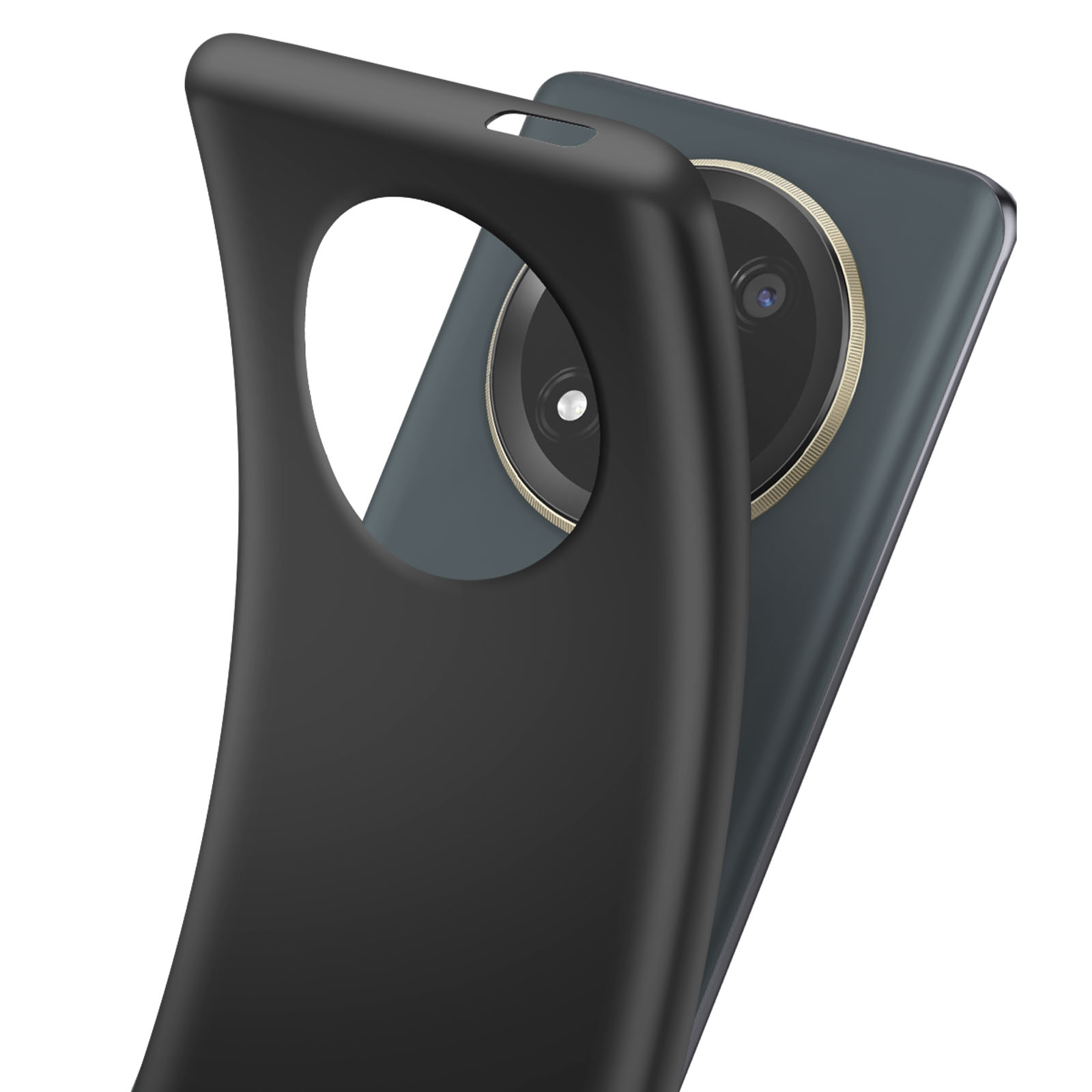 Primo piano di una custodia nera per telefono che viene posizionata sopra un telefono con fotocamera.