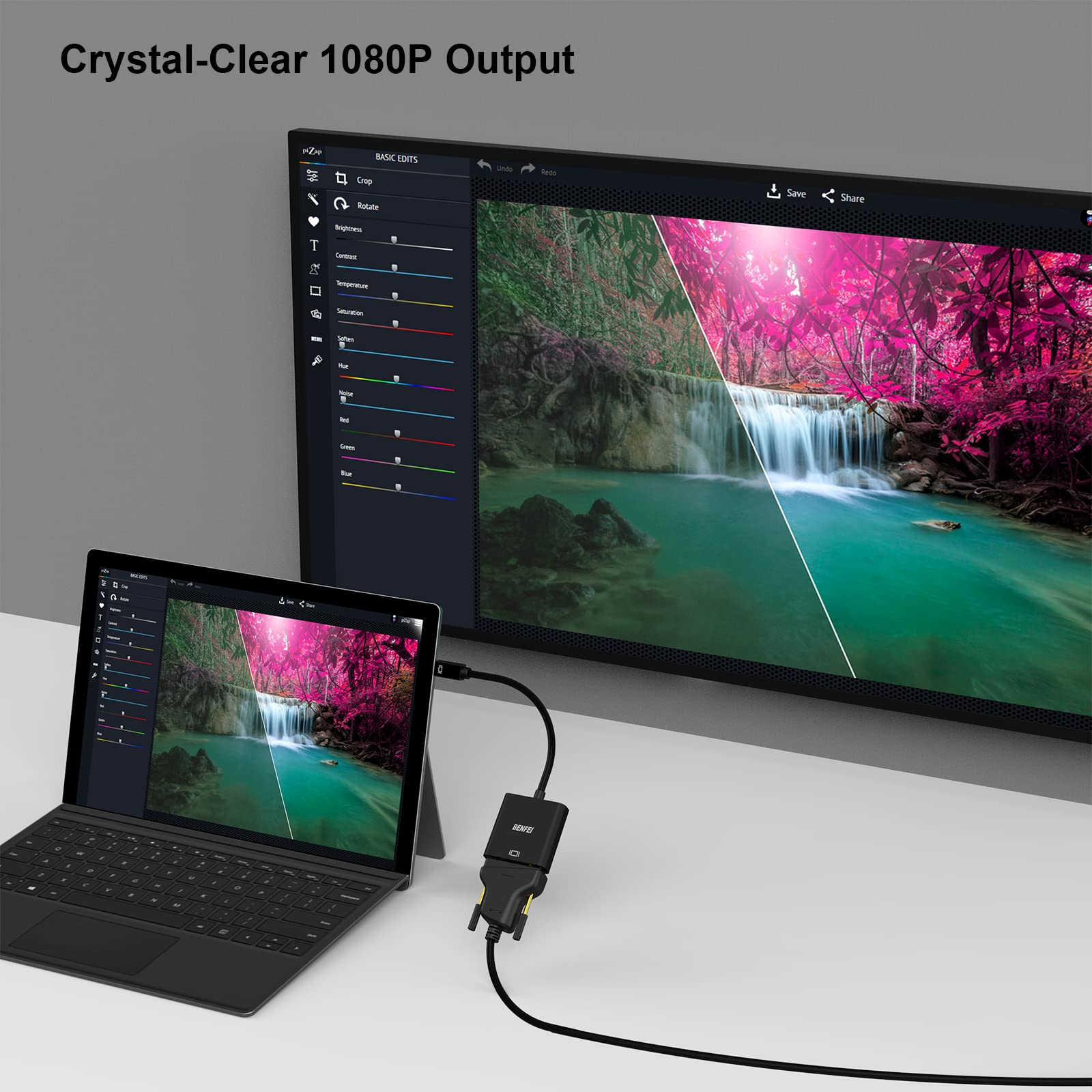 Laptop und Monitor, die ein Fotobearbeitungsprogramm zeigen. Der Hintergrund ist weiß.