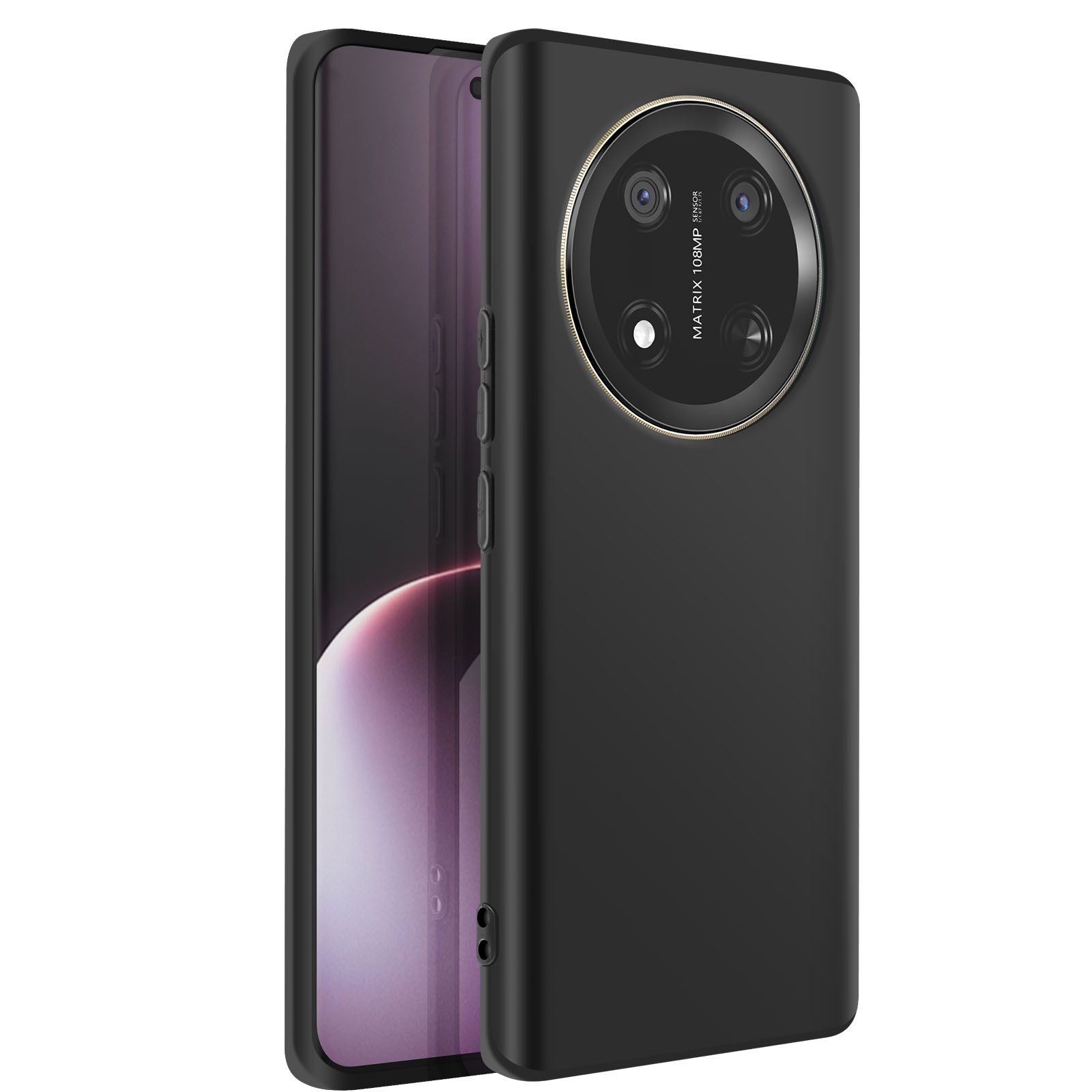 Custodia nera per telefono con modulo fotocamera. La custodia è su un telefono. Lo sfondo è bianco.