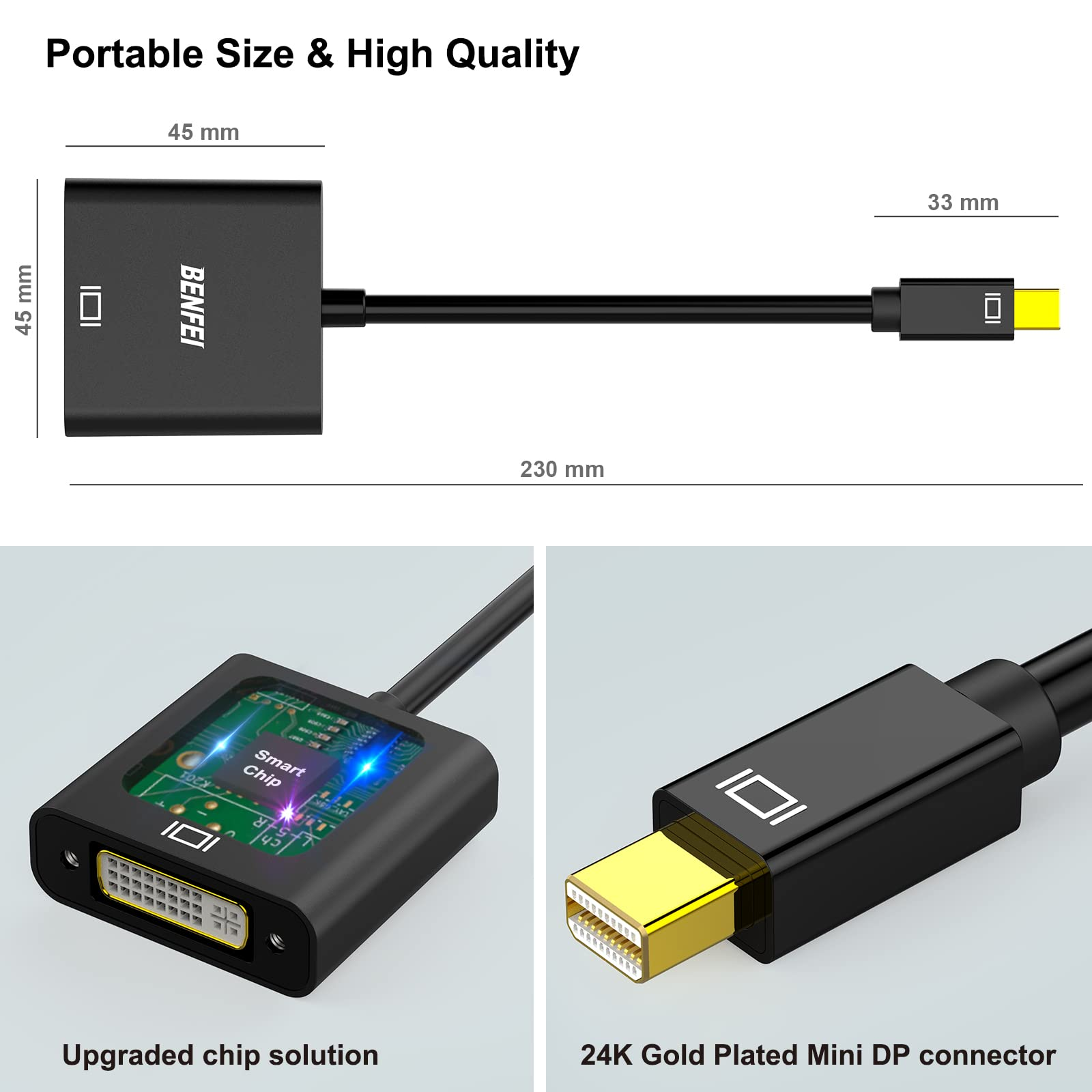 Schwarzer Adapter mit Mini-DP-Anschluss und DVI-Port. Text: Tragbare Größe & hohe Qualität.