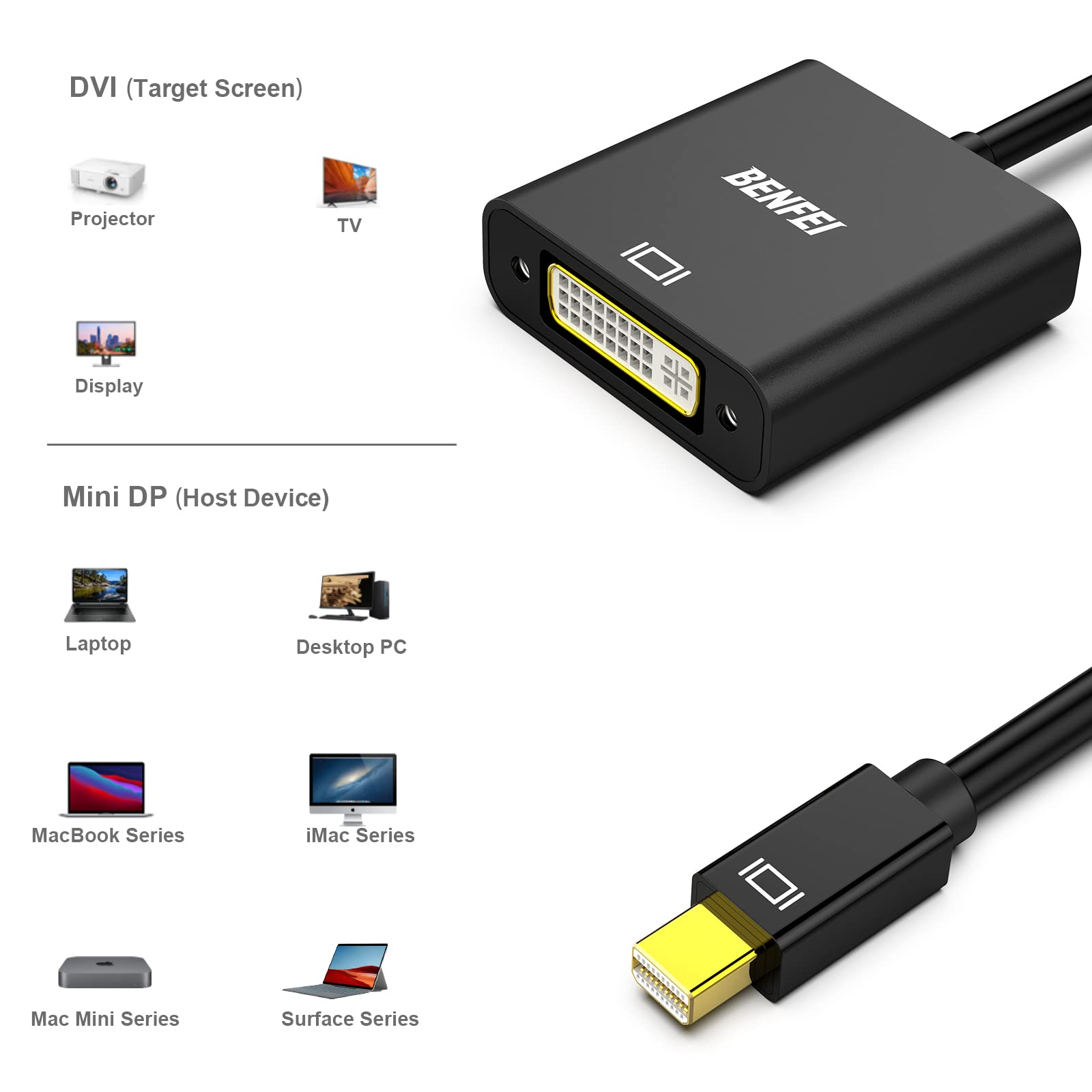 Schwarzer Adapter mit DVI-Anschluss und Mini-DP-Anschluss. Zeigt Geräte für jeden Anschluss auf weißem Grund.