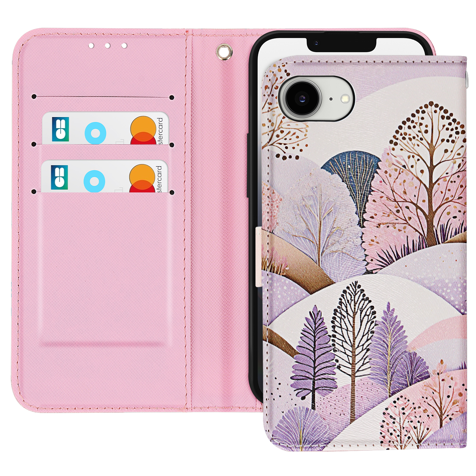 Custodia rosa per telefono, aperta, con carte e un design paesaggistico. Lo sfondo è bianco.