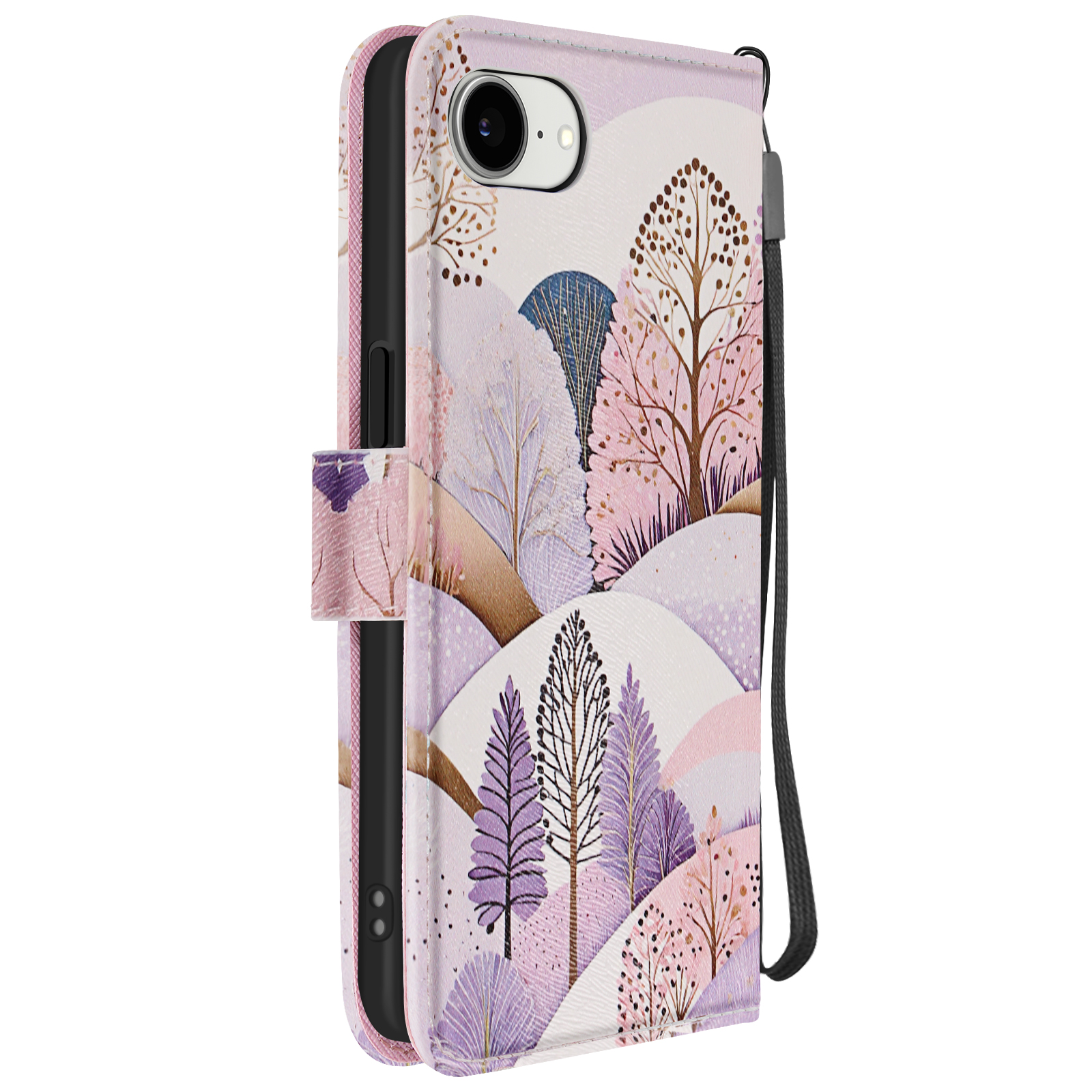 Custodia rosa per telefono con un design paesaggistico e un cinturino. Lo sfondo è bianco.