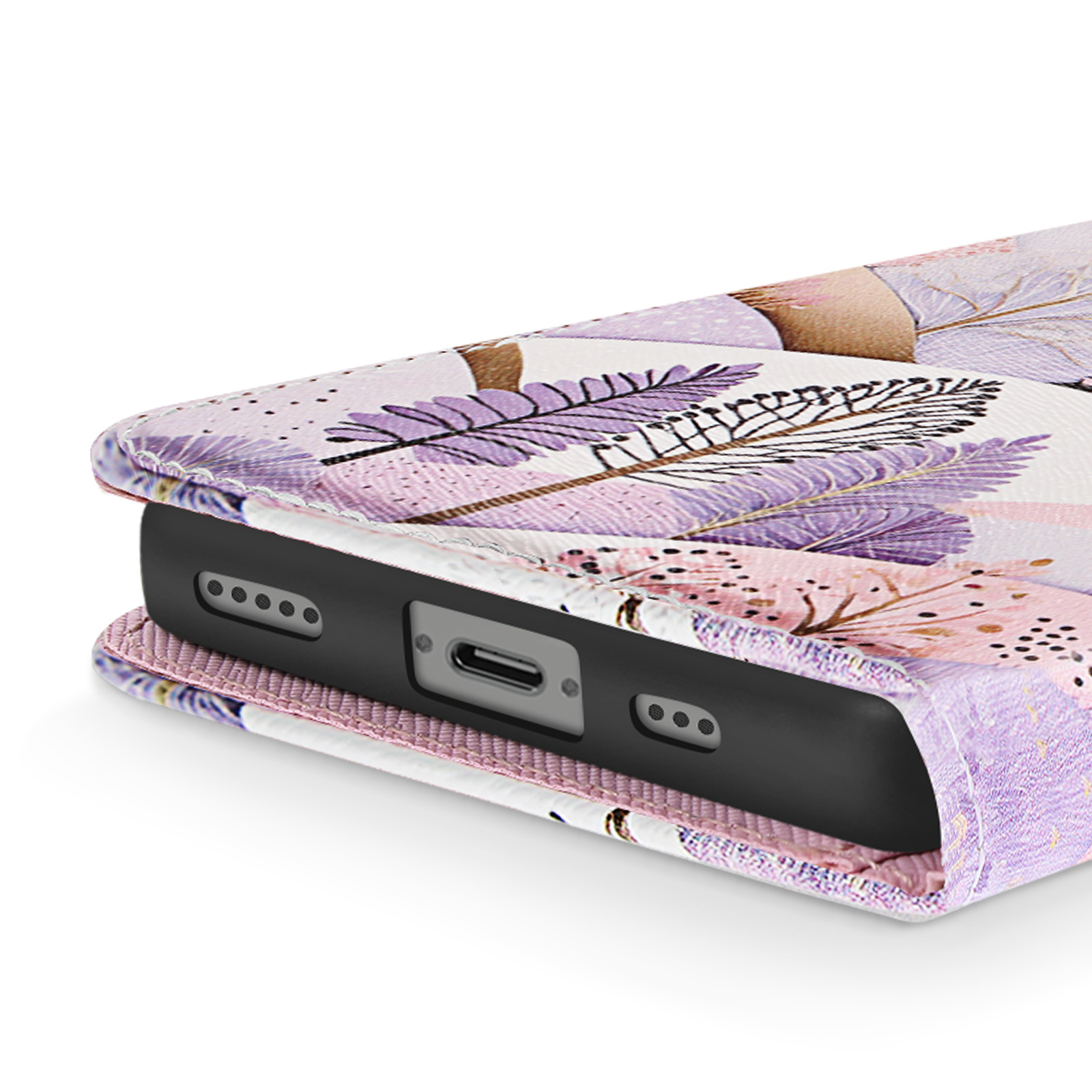 Una custodia per telefono che mostra un telefono. La custodia ha un design floreale. Lo sfondo è bianco.