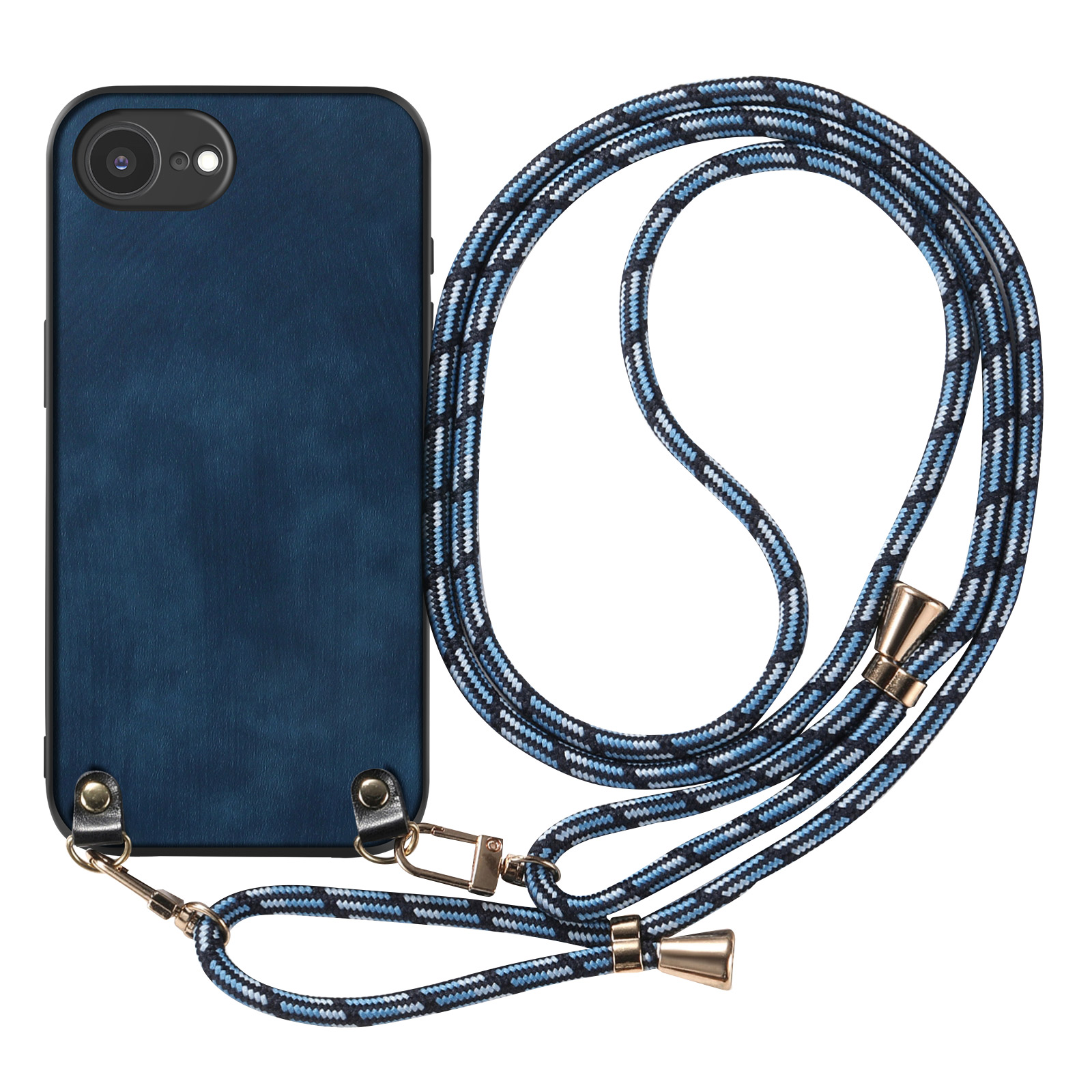Custodia blu per telefono con cordino. Il cordino è blu, bianco e nero. Lo sfondo è bianco.