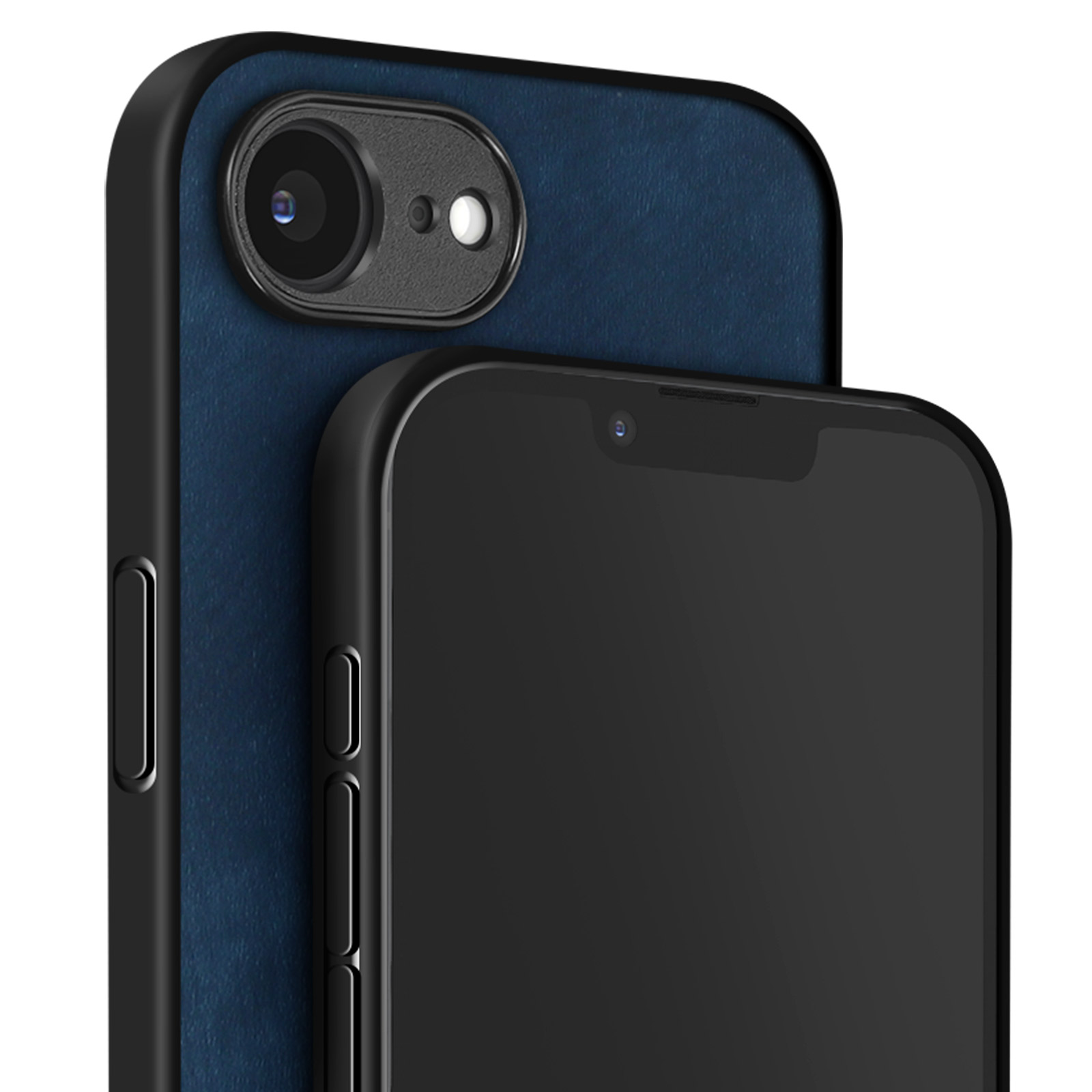 Una custodia per telefono blu navy con un telefono nero all'interno, fotocamera visibile.