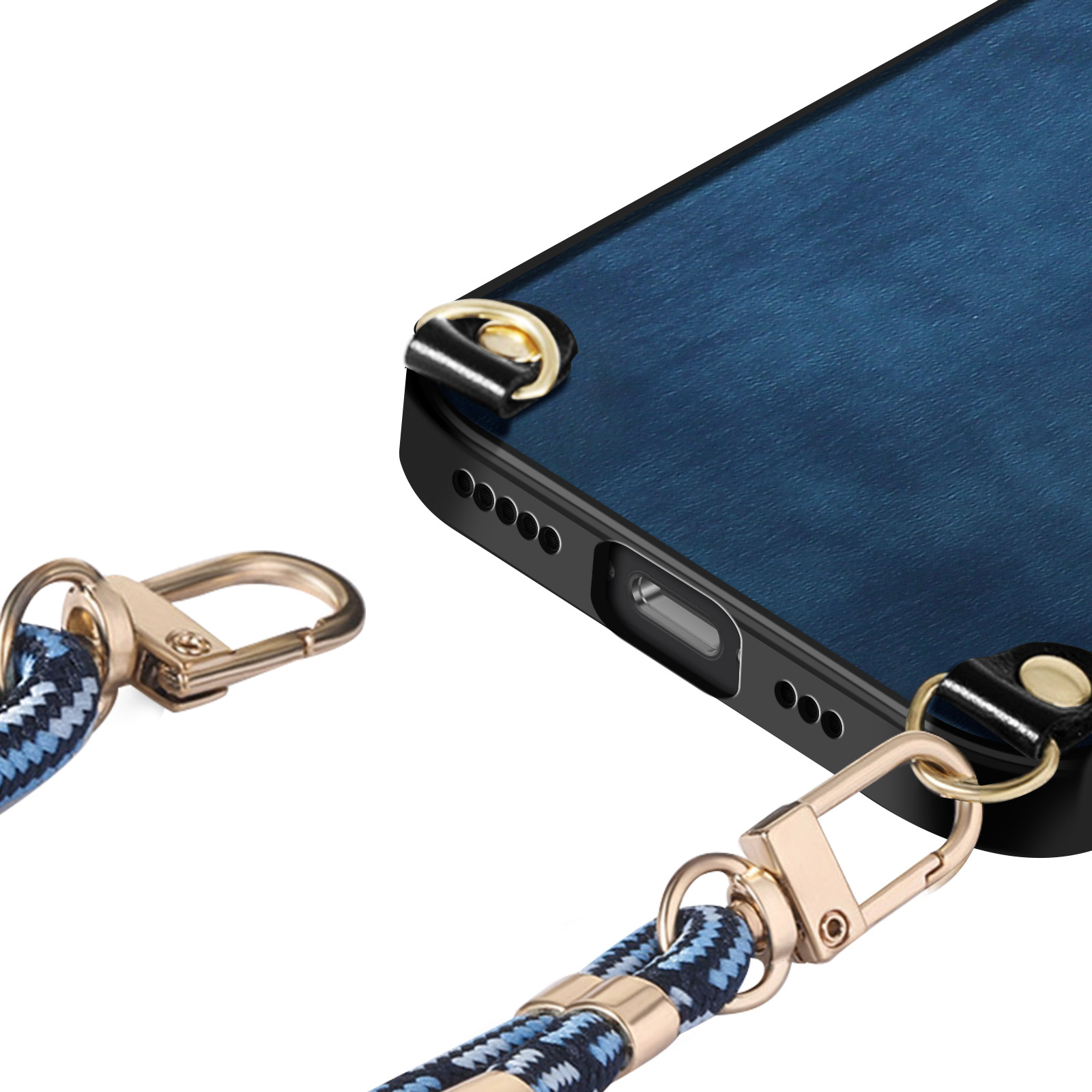 Telefono blu con cordino. Il cordino ha un motivo intrecciato blu e bianco e clip dorate.