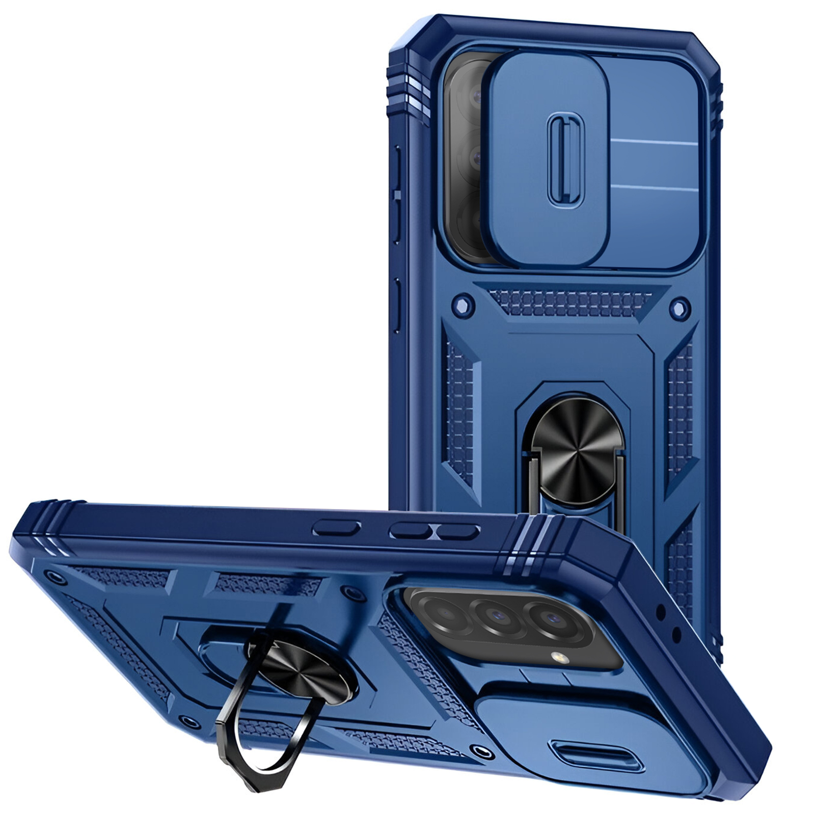 Custodia blu per telefono con protezione fotocamera. La copertura della fotocamera è aperta, rivelando le lenti.
