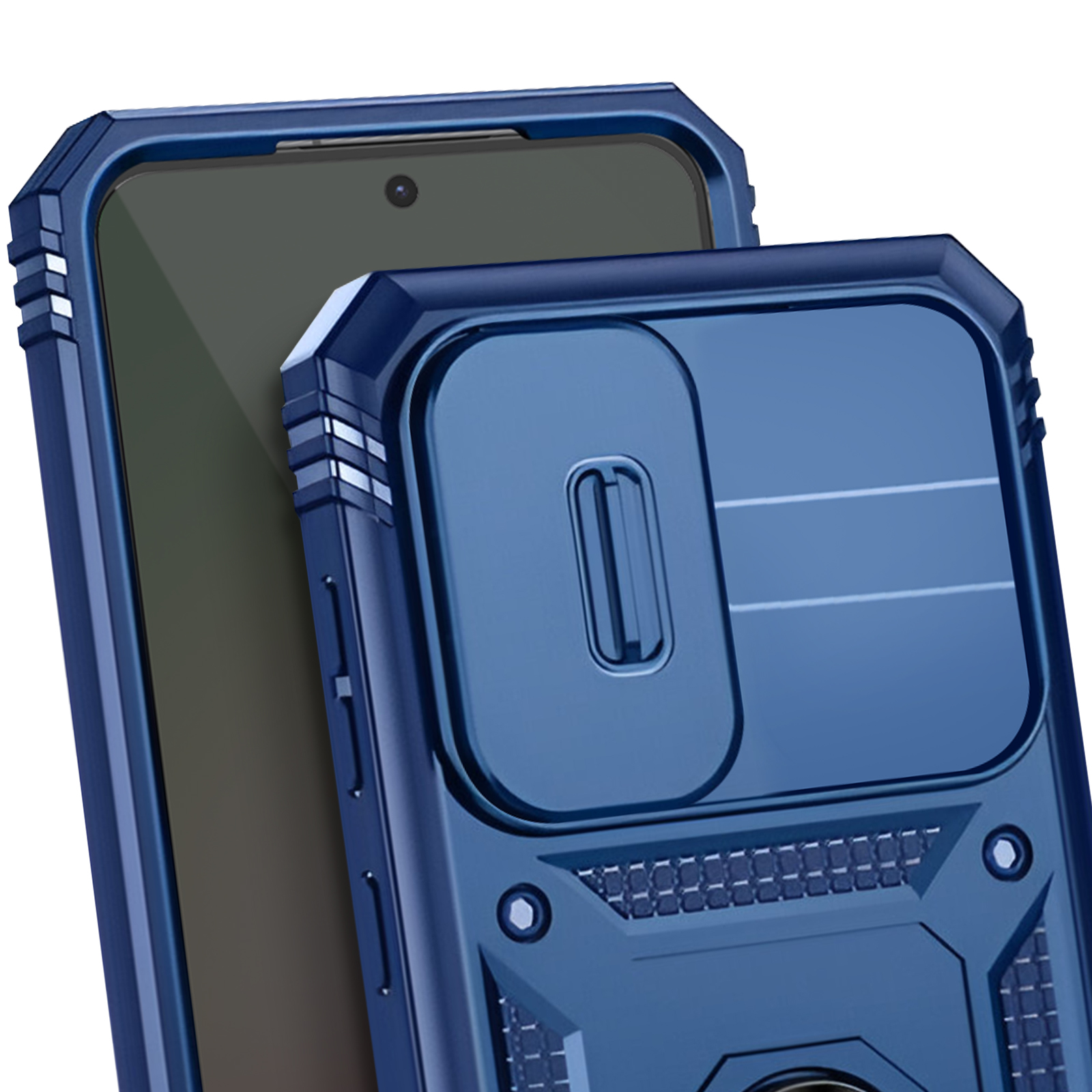 Custodia blu per telefono con copertura fotocamera. Il telefono è nero. La custodia è strutturata.
