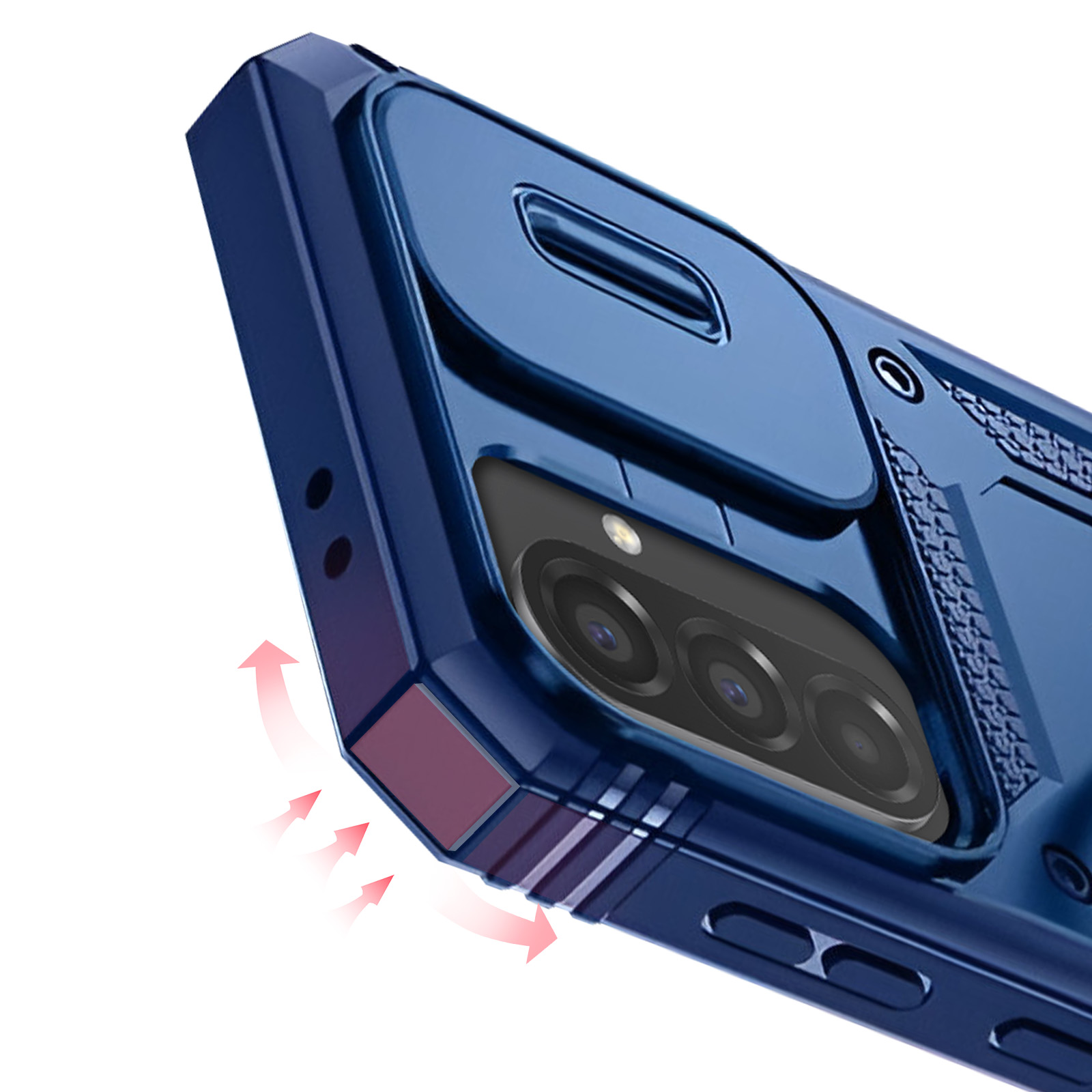 Una custodia blu per telefono con ritaglio per la fotocamera, con frecce che indicano il flusso d'aria.