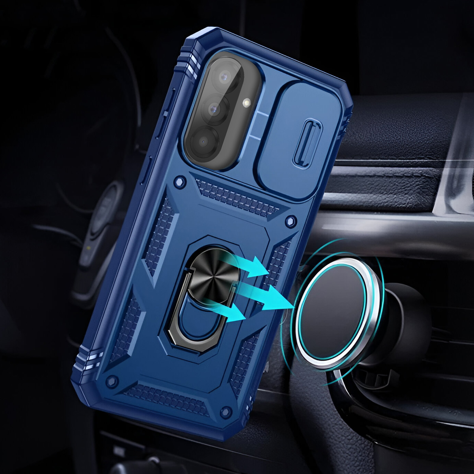 Custodia blu con anello metallico, in auto. Supporto magnetico e frecce visibili.