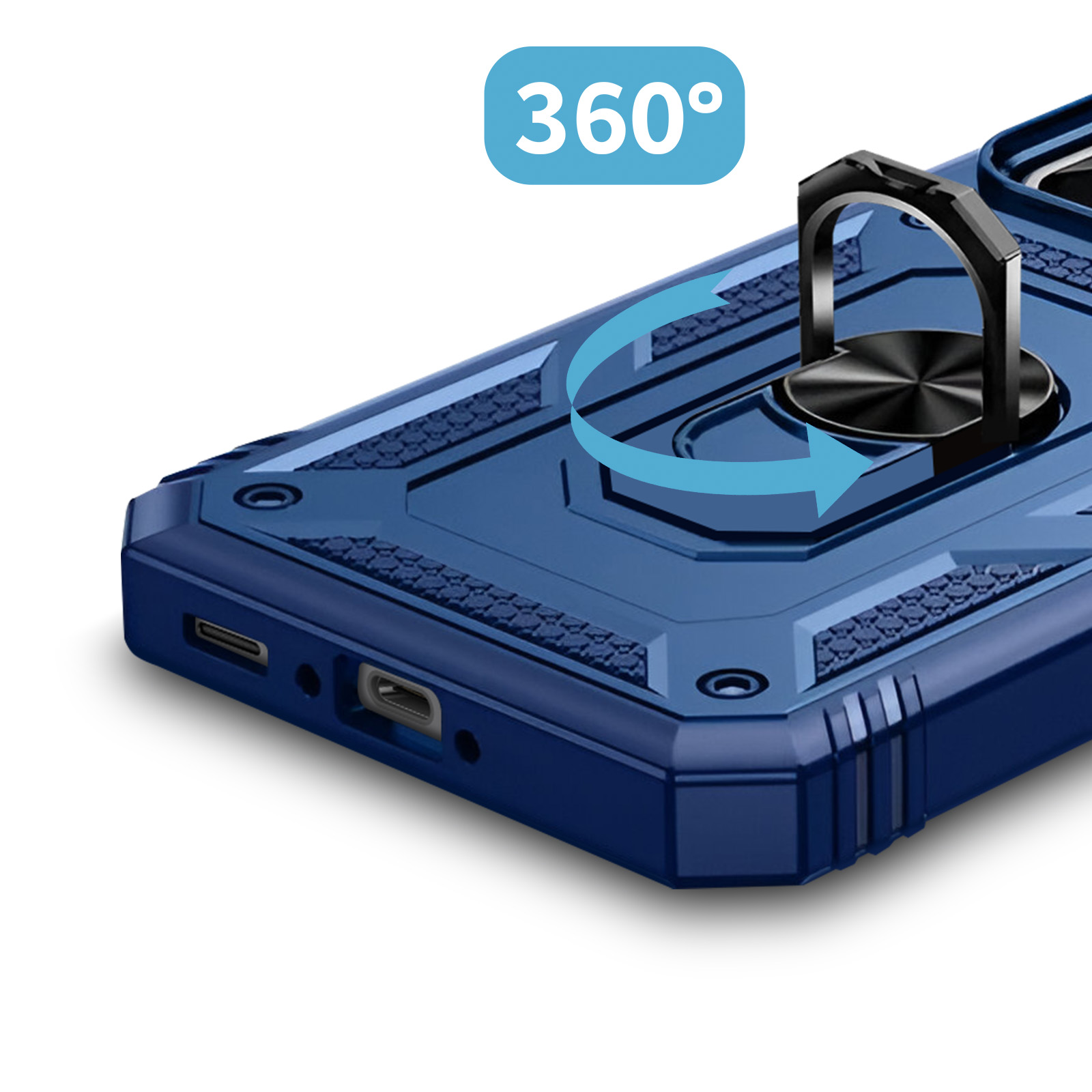 Custodia blu con anello di supporto, colpo di dettaglio, frecce indicano rotazione a 360 gradi.