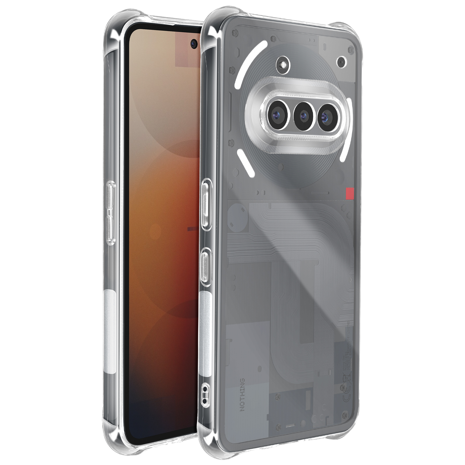 Coque de téléphone transparente montrant le téléphone. La coque est transparente et entoure les bords.