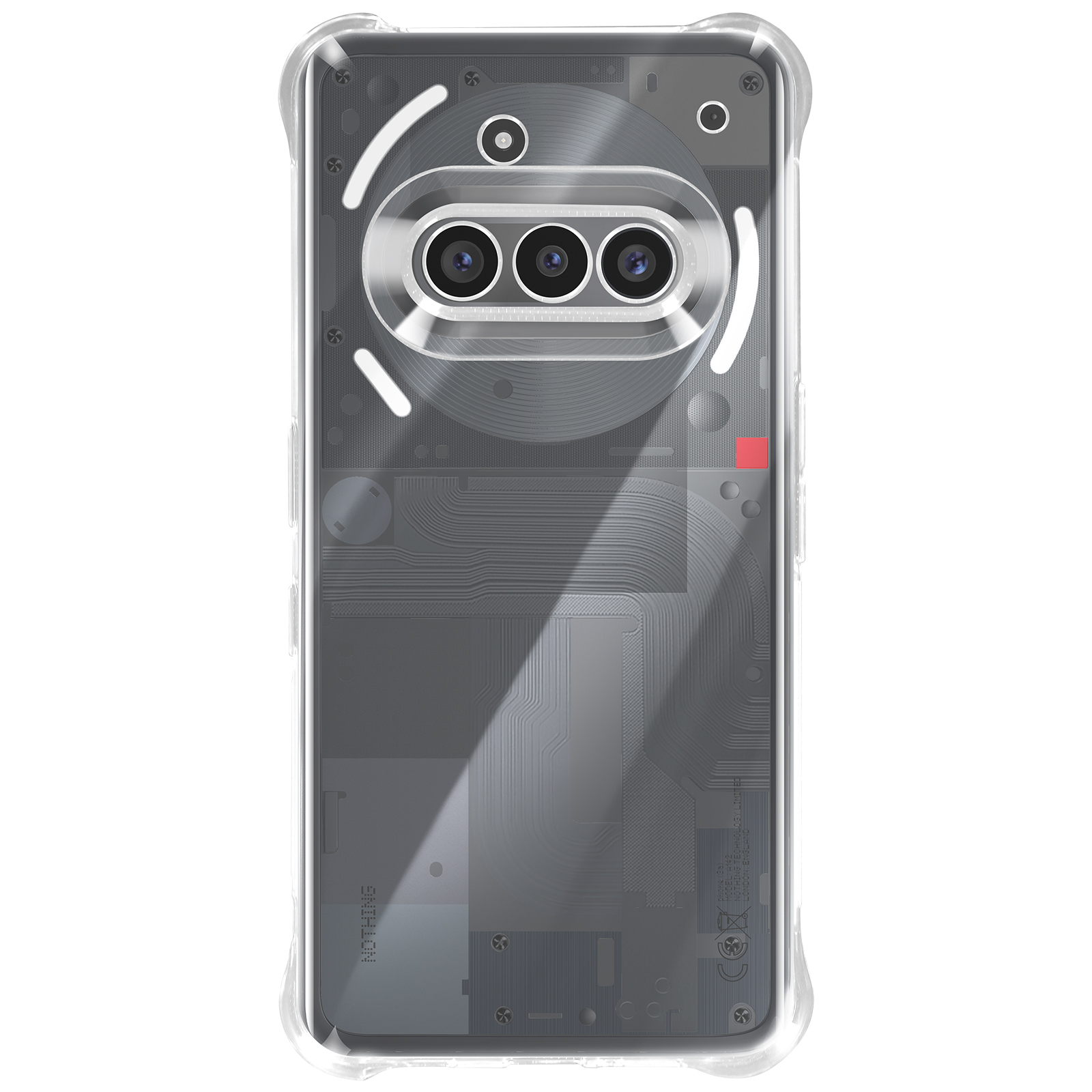 Vue arrière d'une coque transparente. Triple caméra et logo Nothing sont visibles.