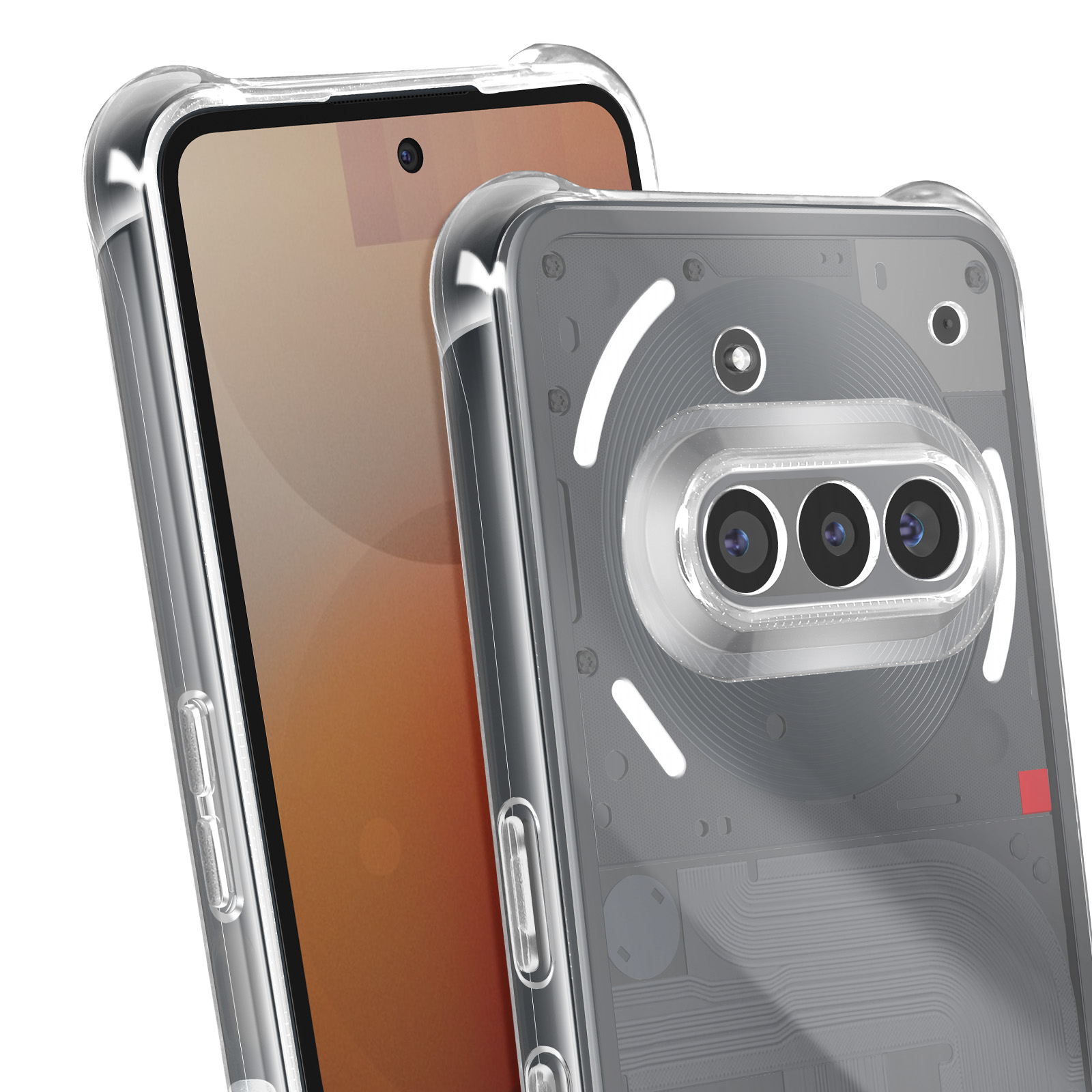 Coques de téléphone transparentes montrant les composants internes du téléphone. L'une recouvre partiellement.