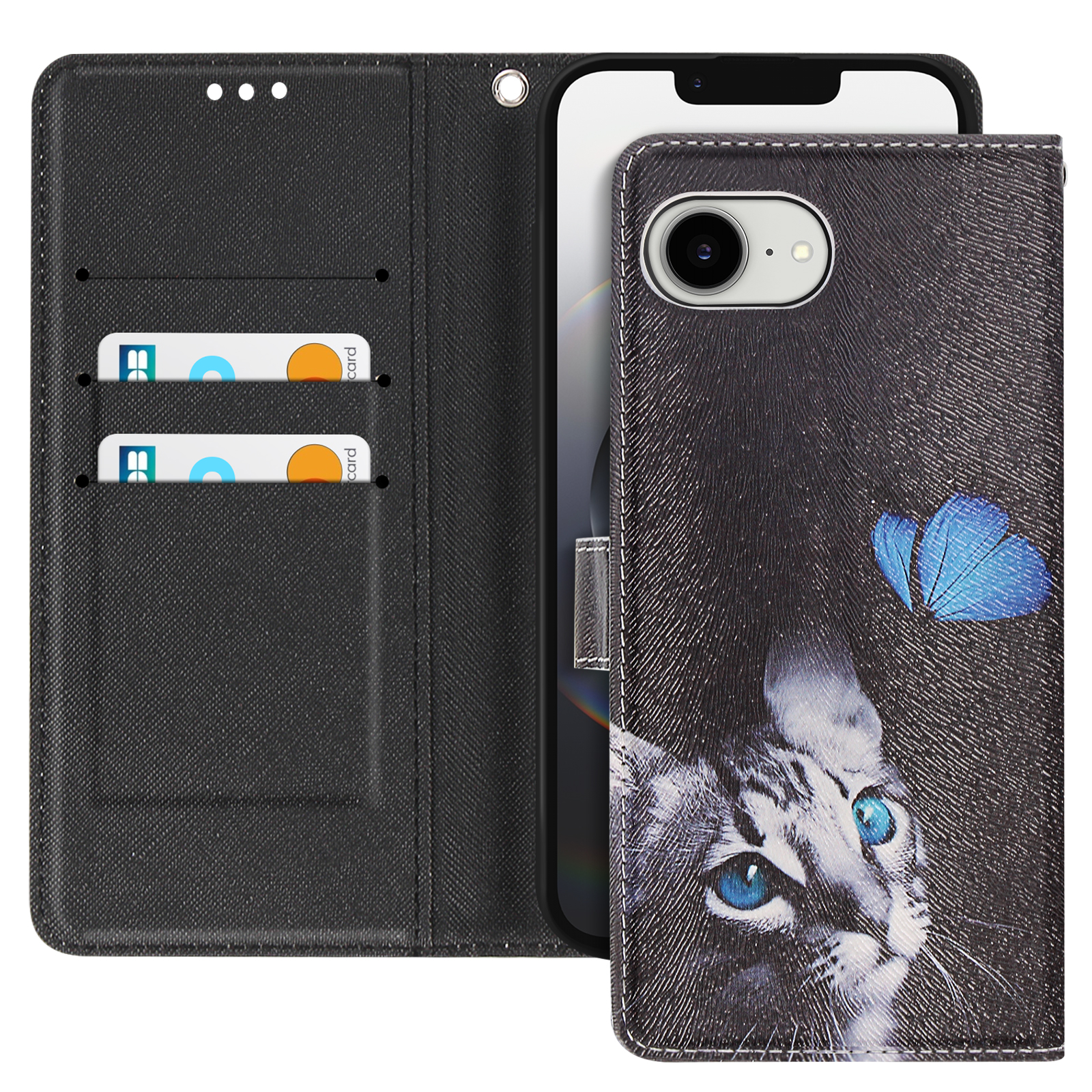 Un telefono in una custodia con l'immagine di un gatto e una farfalla blu. La custodia è aperta, mostrando le carte.