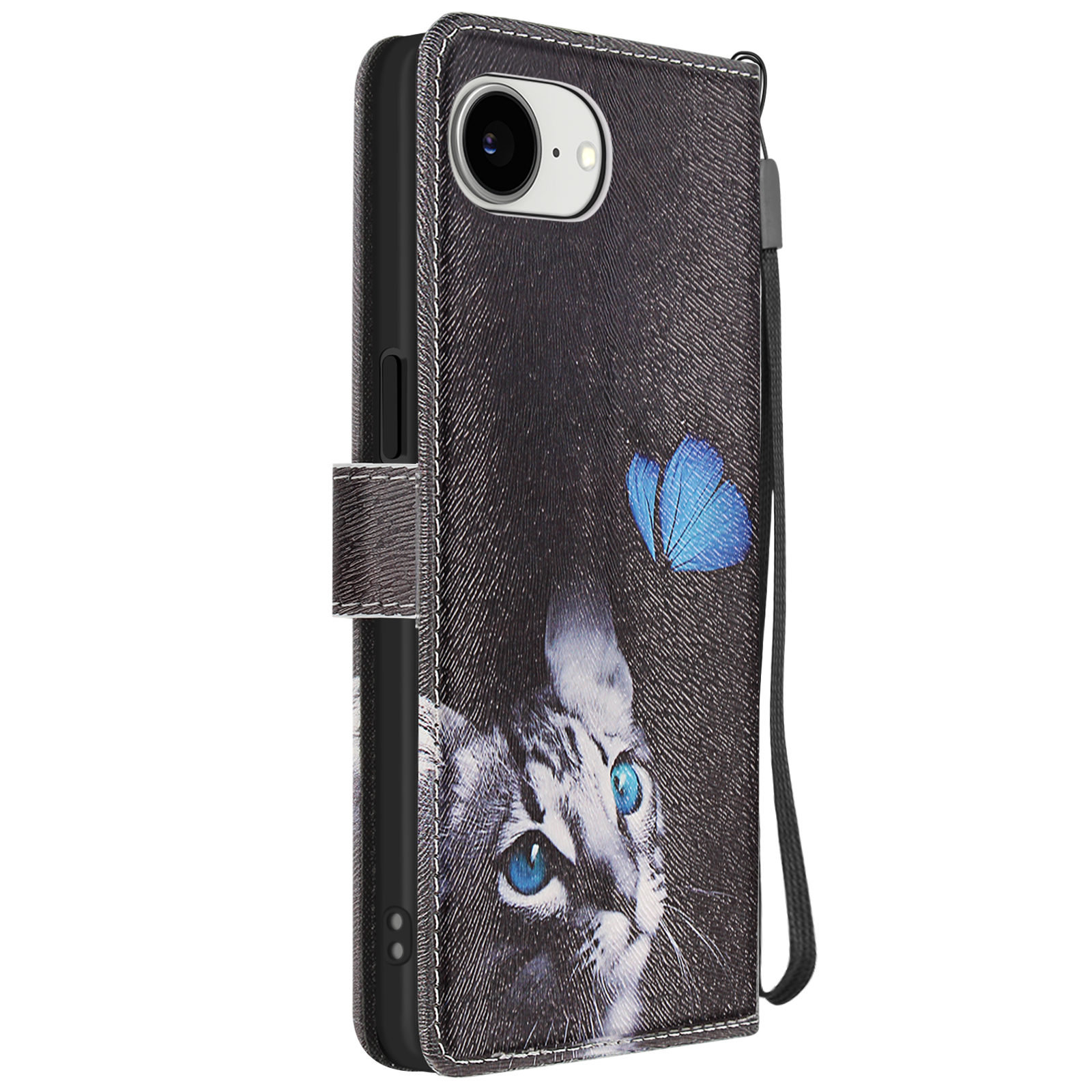 Custodia per telefono con design di gatto e farfalla. La custodia è chiusa, con un cinturino.