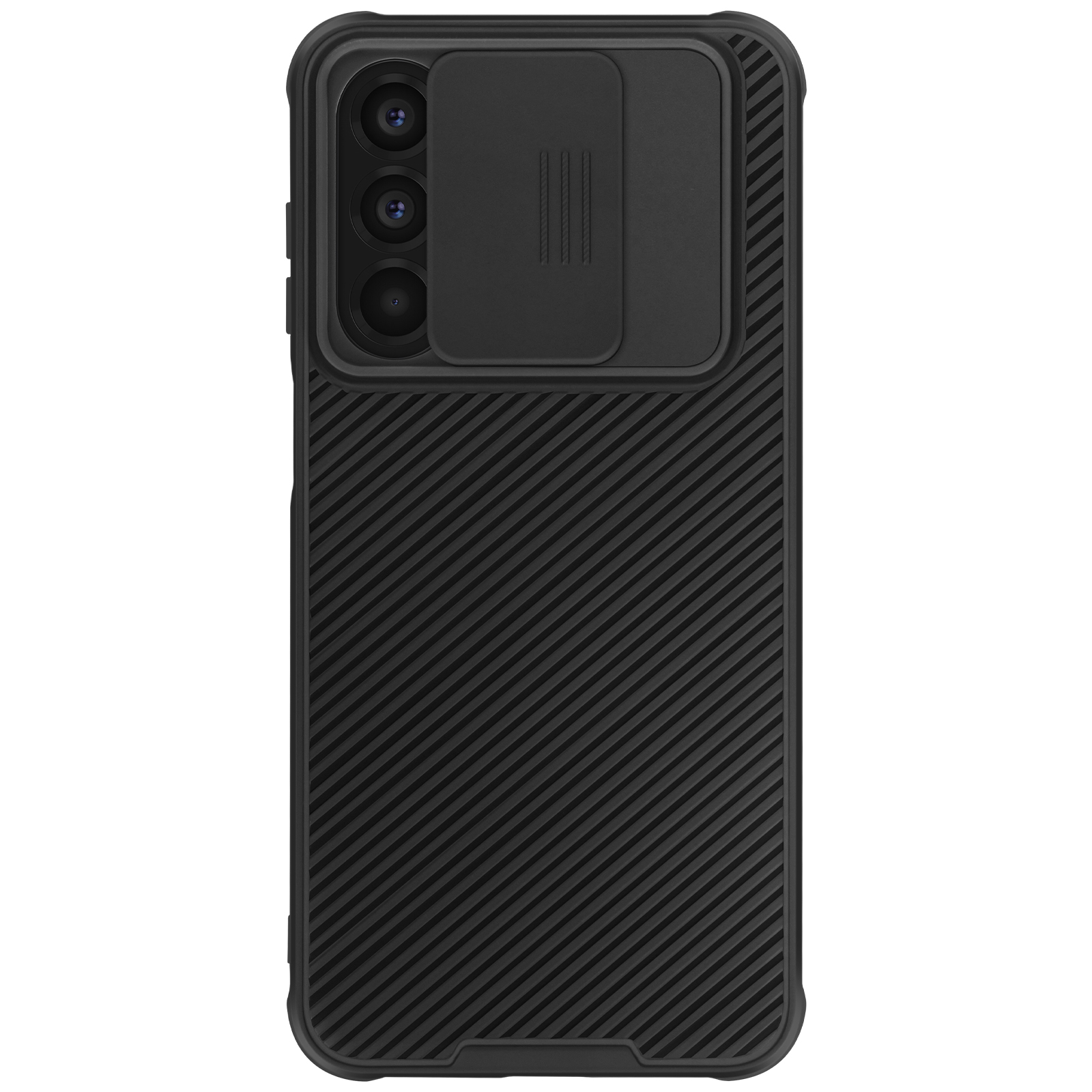 Custodia per telefono nera con copertura scorrevole per fotocamera e design a coste.