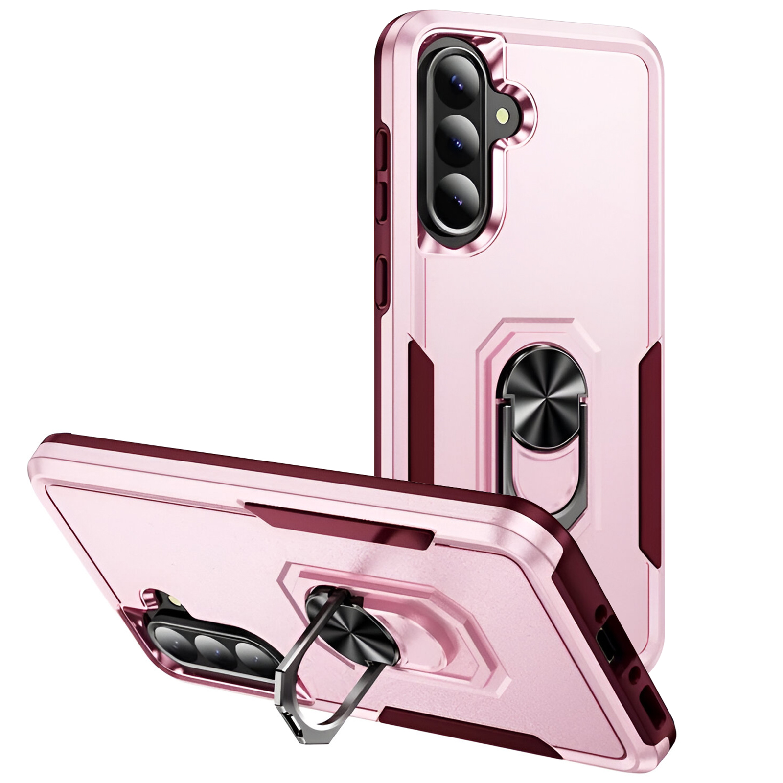 Custodie per telefono rosa con anello di supporto. Le custodie sono di lato, mostrando l'anello.