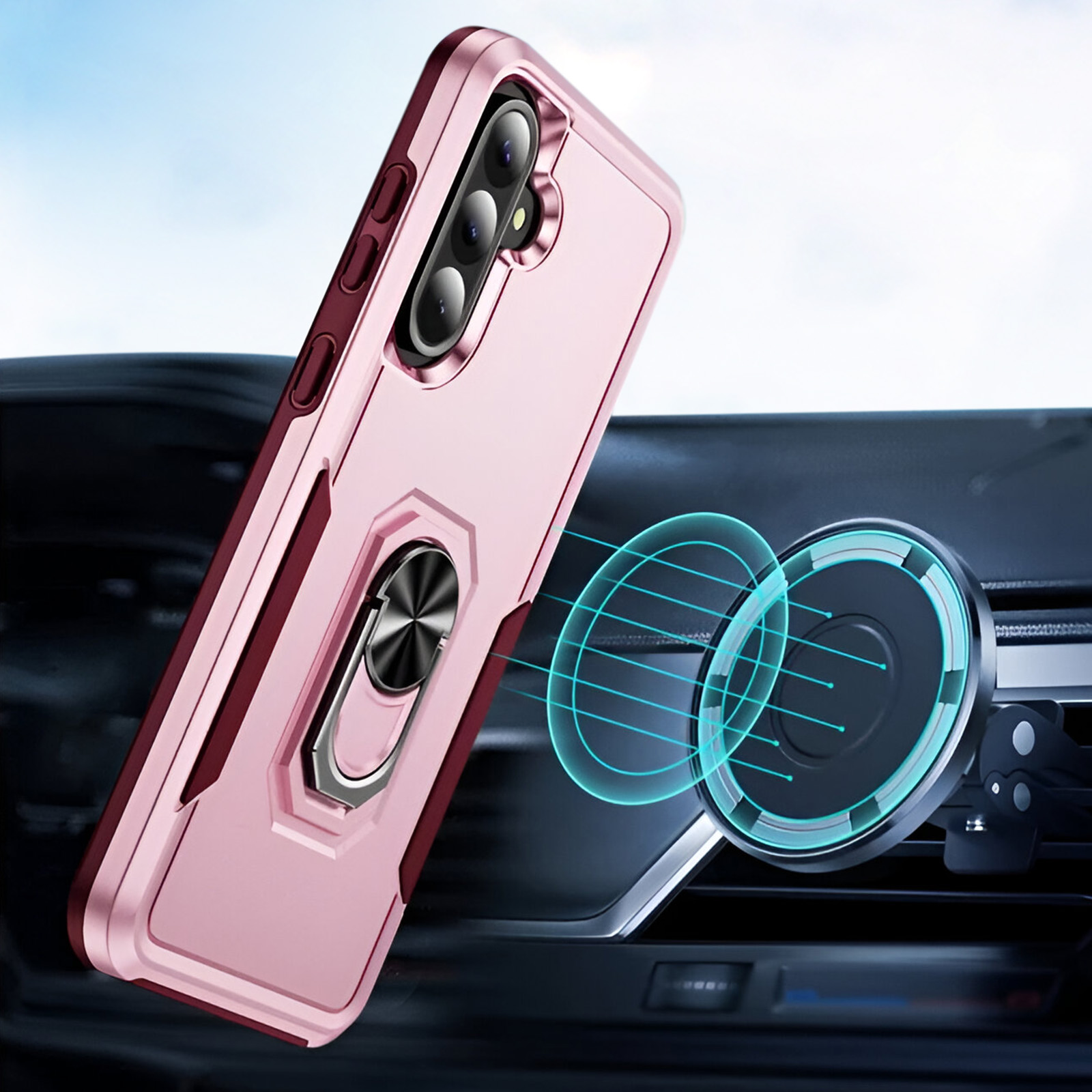 Custodia rosa con anello davanti ad una bocchetta dell'auto, con supporto magnetico.