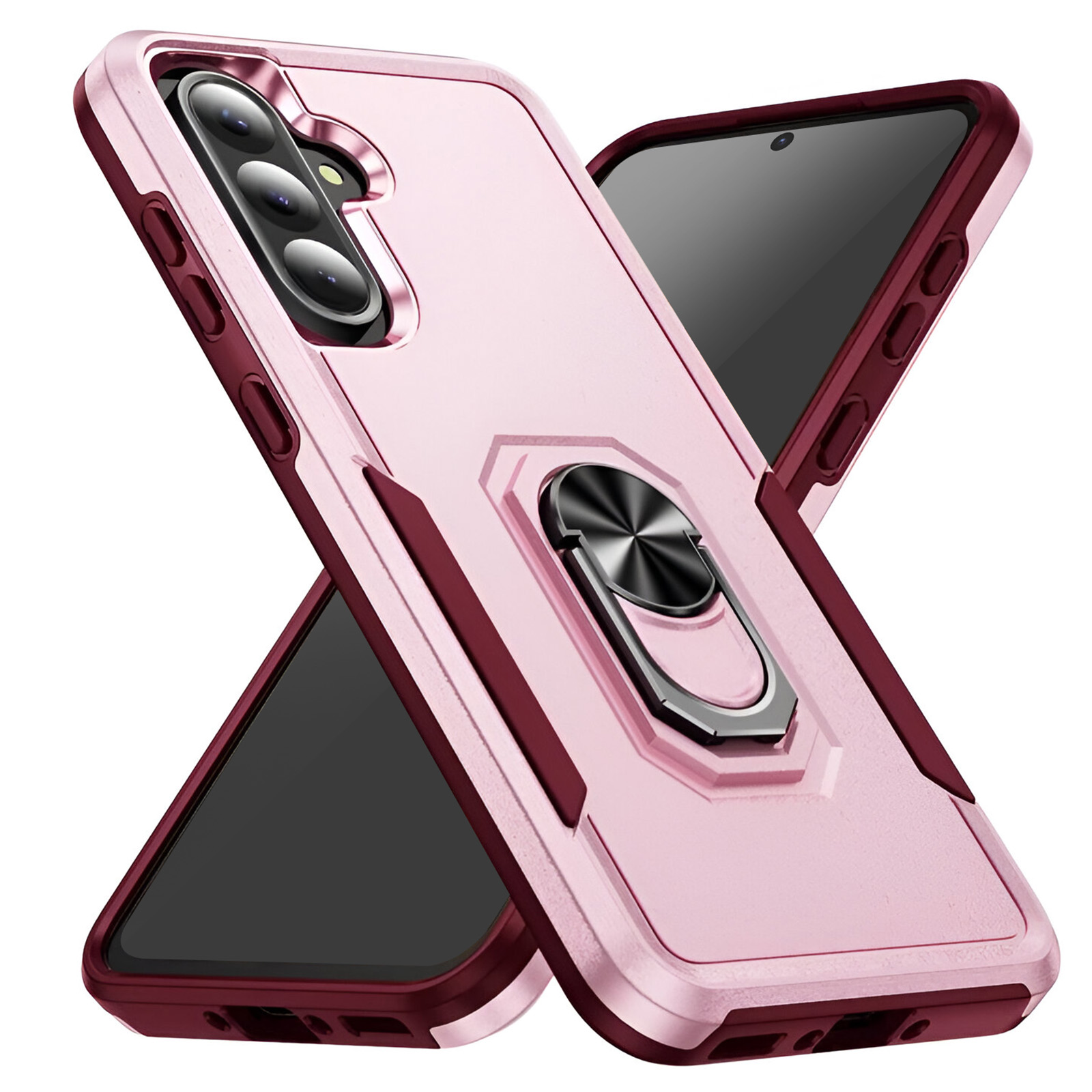 Custodia per telefono rosa e bordeaux con supporto ad anello. Il telefono è nella custodia. La custodia è su una superficie bianca.