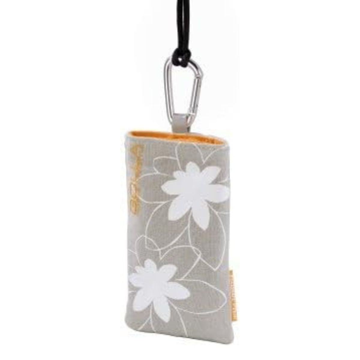 Graue Telefontasche mit weißem Blumendesign. Ein silberner Karabinerhaken und eine schwarze Kordel.