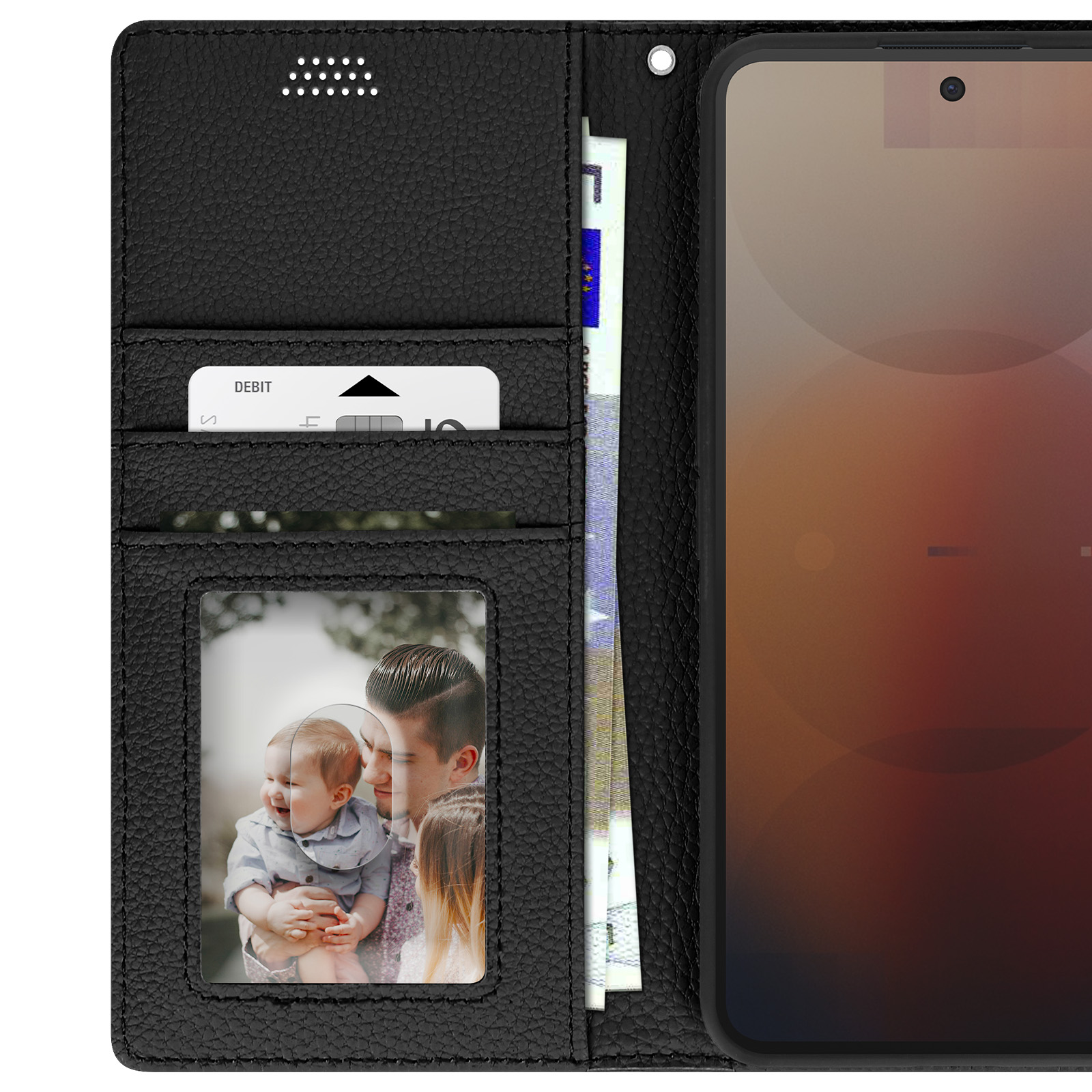 Custodia in pelle nera aperta, mostra foto, fessure per carte e contanti. Il telefono è visibile.