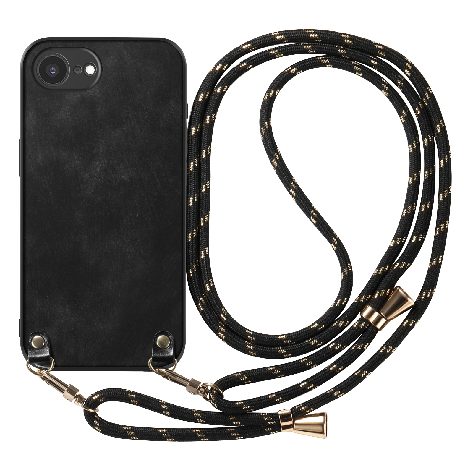 Schwarze Handyhülle mit Lanyard und einem schwarzen Telefon. Weißer Hintergrund.