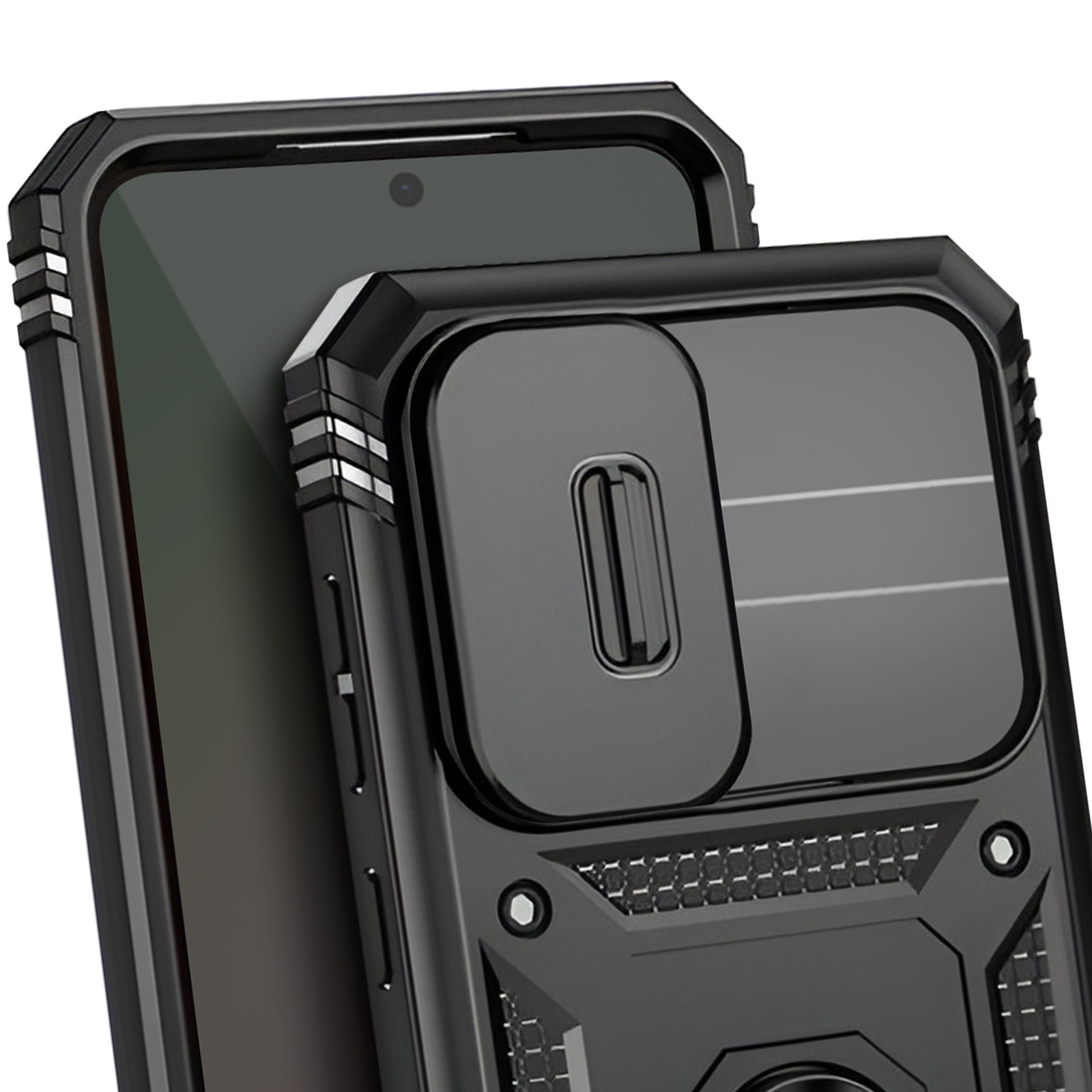 Coque de téléphone noire avec cache caméra. Le fond est blanc.