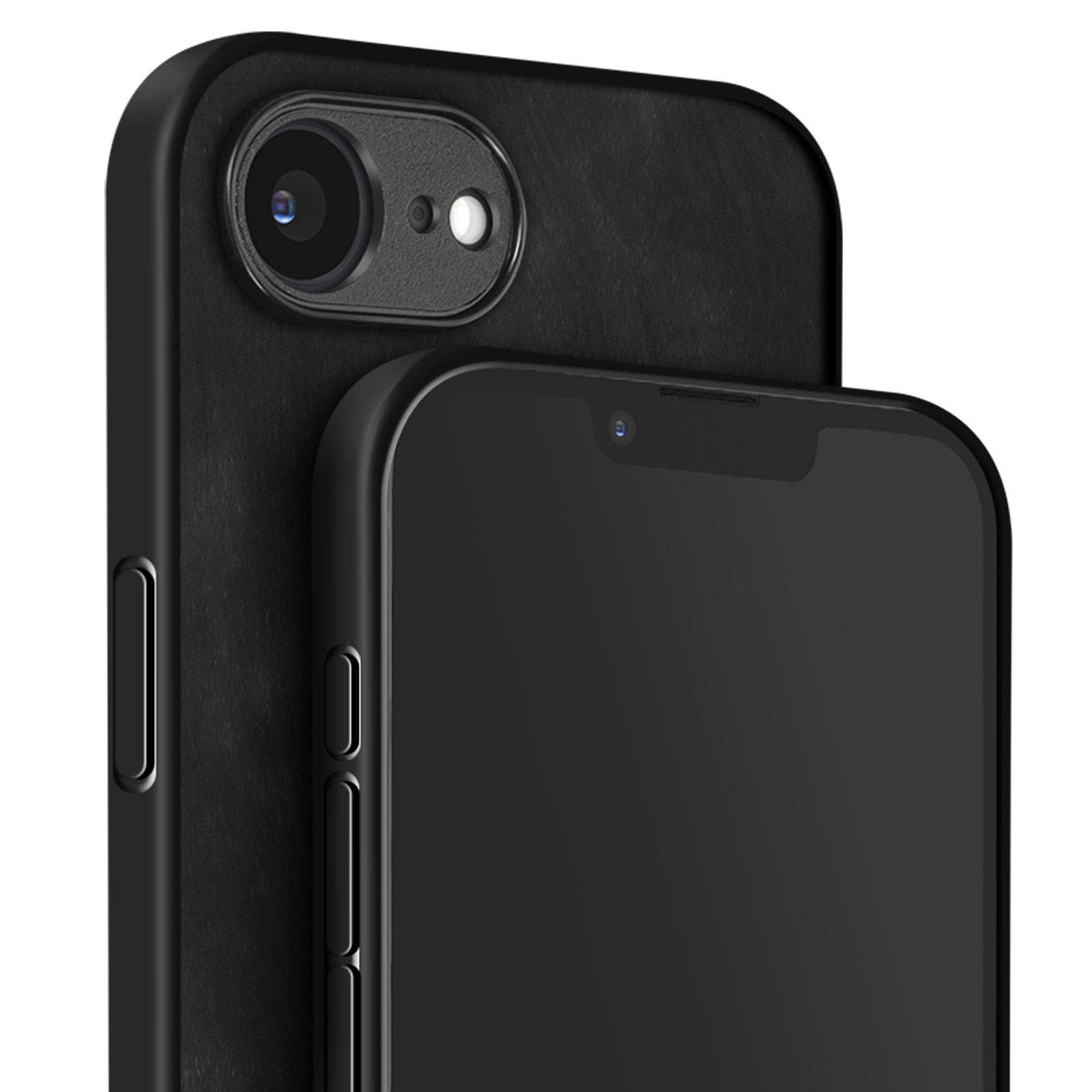 Schwarzes Telefon mit schwarzer Hülle, Nahaufnahme der Kamera und der Telefonseite.