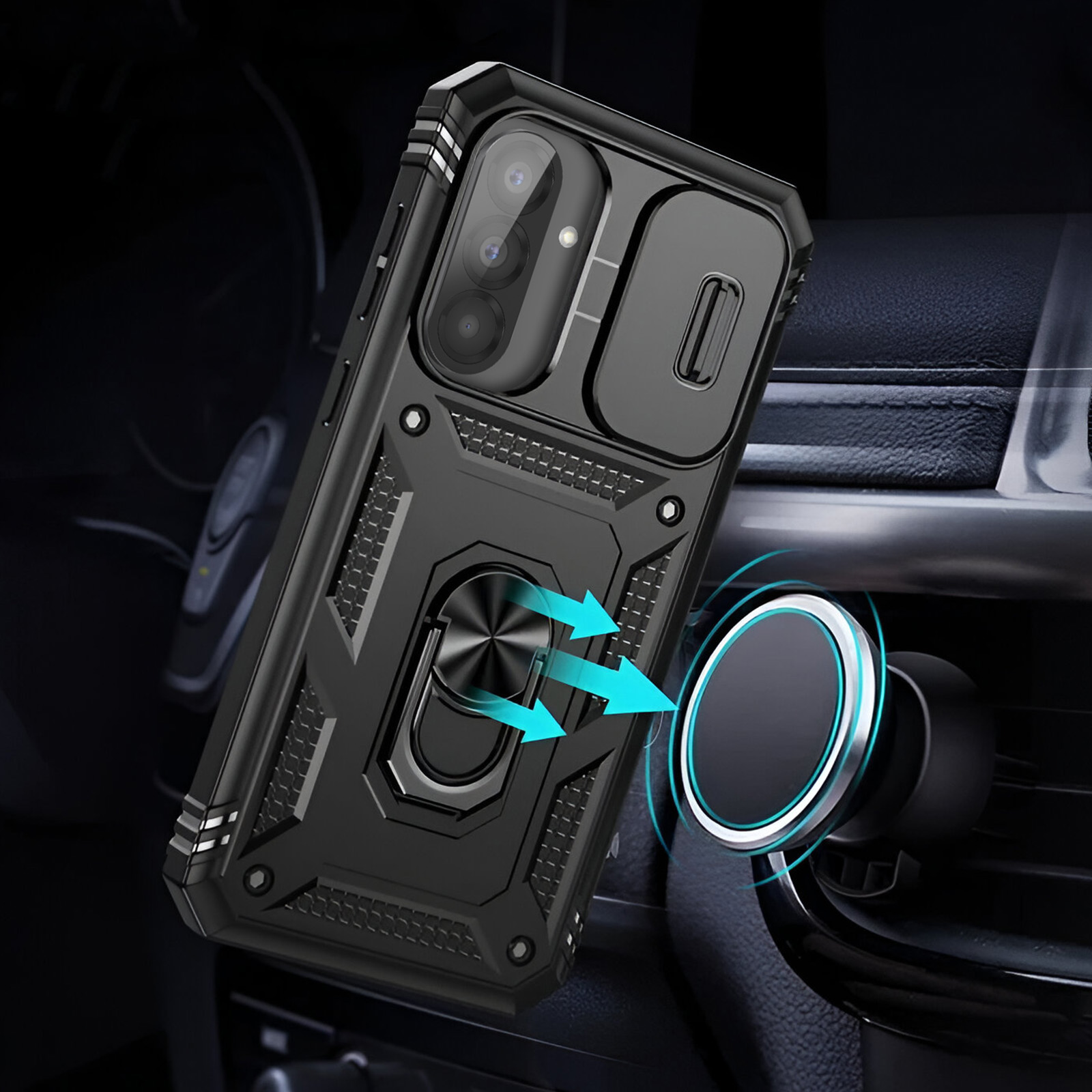 Coque de téléphone noire, fixée à un support d'aération de voiture, flèches bleues indiquant la direction.