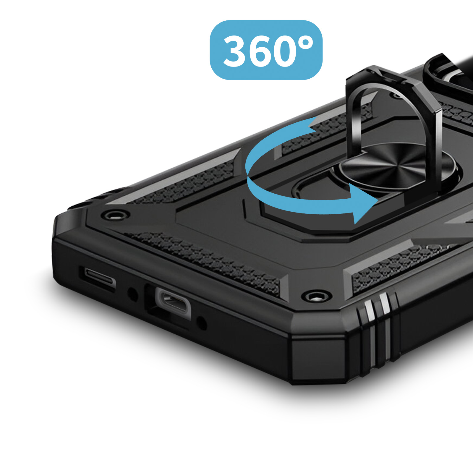 Coque de téléphone noire avec un anneau. Flèche bleue indiquant une rotation à 360 degrés.