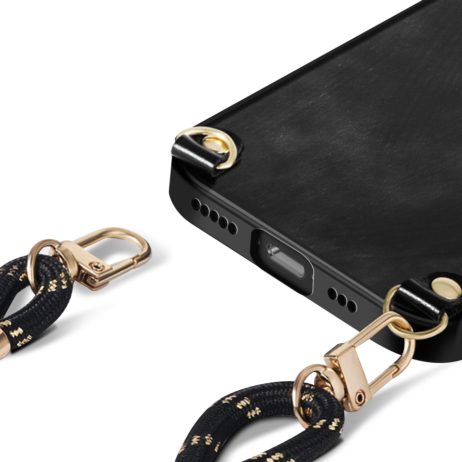 Schwarze Handyhülle mit goldfarbenen Lanyard-Aufsätzen. Seil-Lanyard mit goldenen Clips.