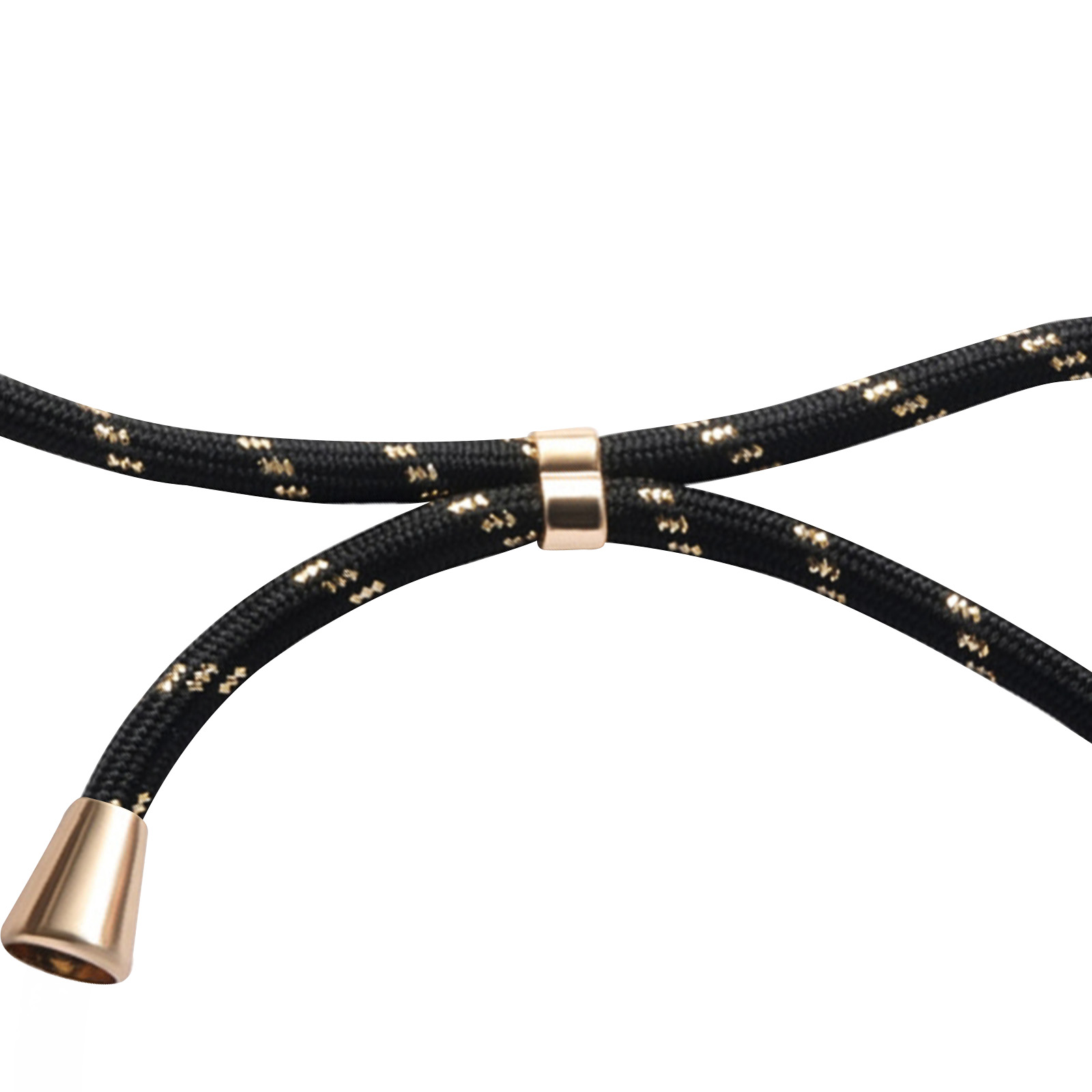 Schwarzes und goldfarbenes Telefon-Lanyard mit goldenen Akzenten und weißem Hintergrund.
