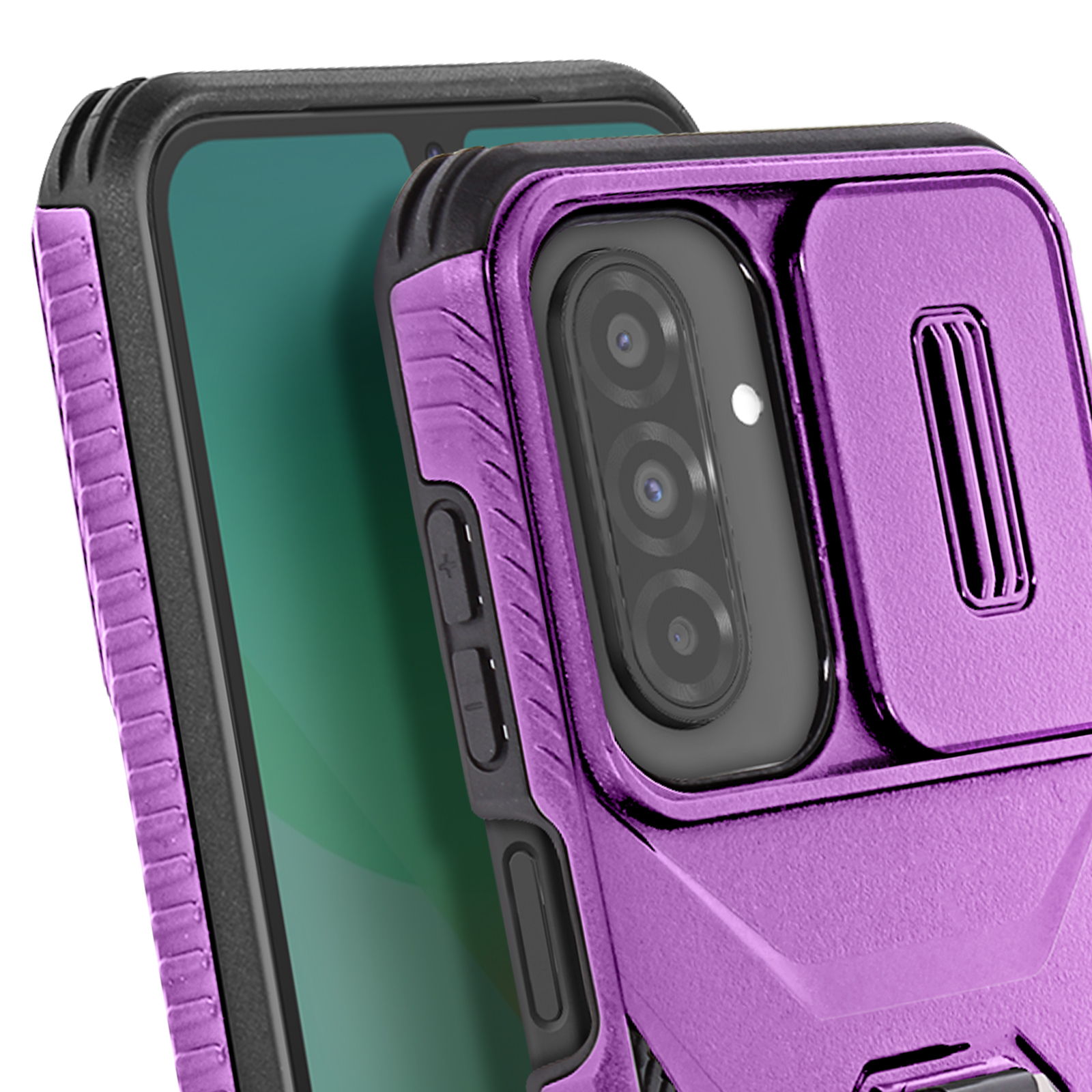 Primo piano di una custodia per telefono viola con cornice nera. Telefono parzialmente visibile.