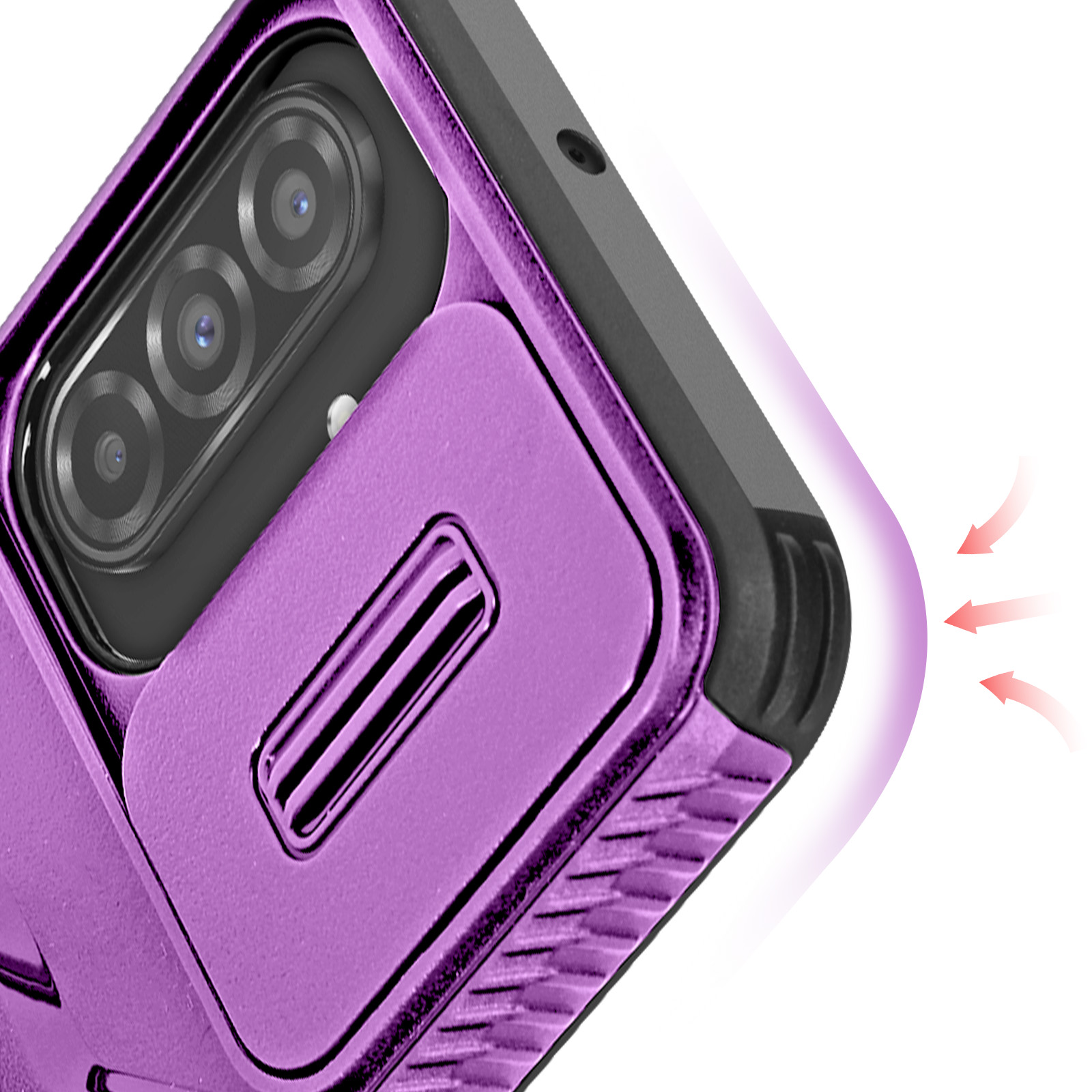Primo piano di una custodia per telefono viola con una copertura per fotocamera e una freccia che indica il flusso d'aria.