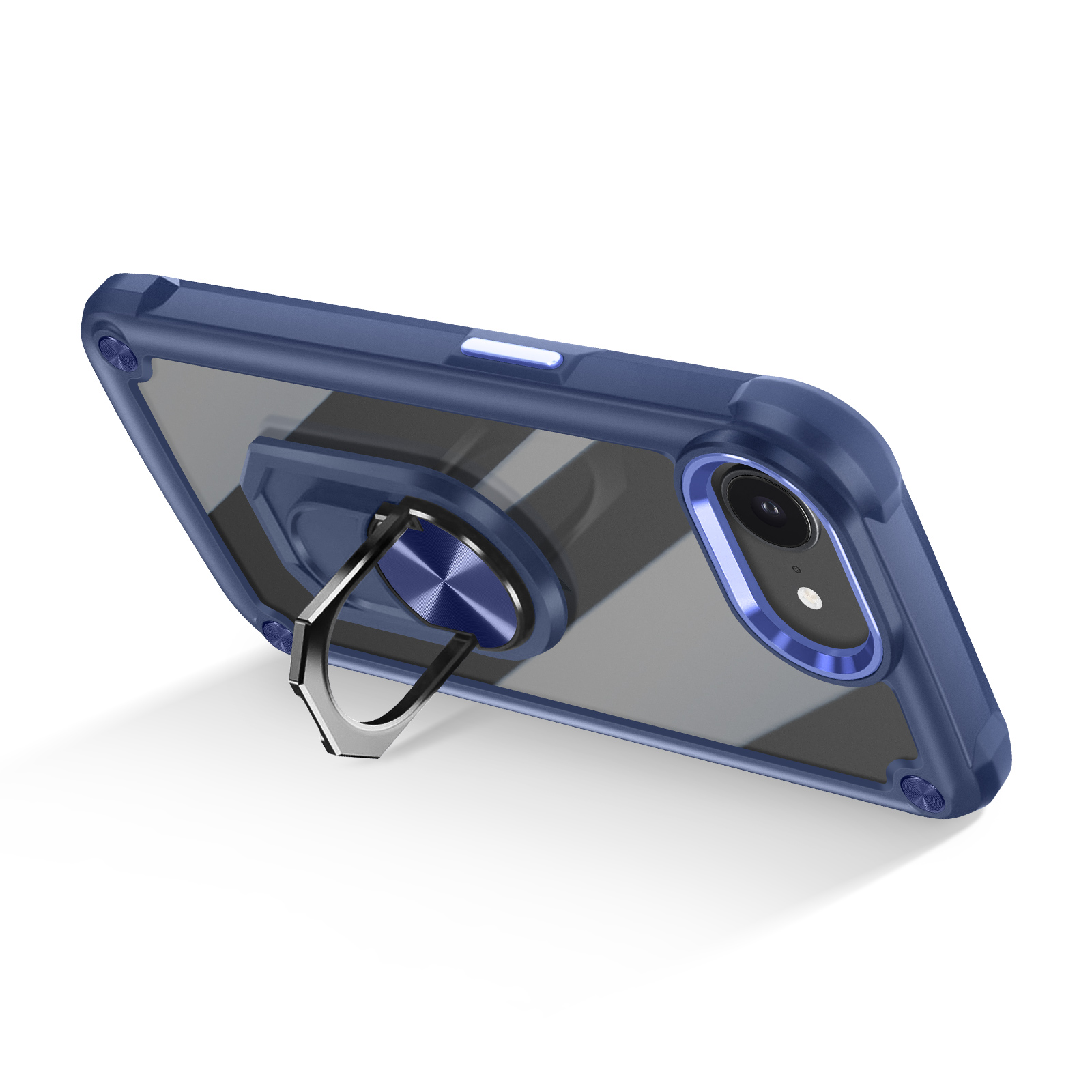 Custodia per telefono blu, retro trasparente, con anello. Mostra un telefono con fotocamera e flash.