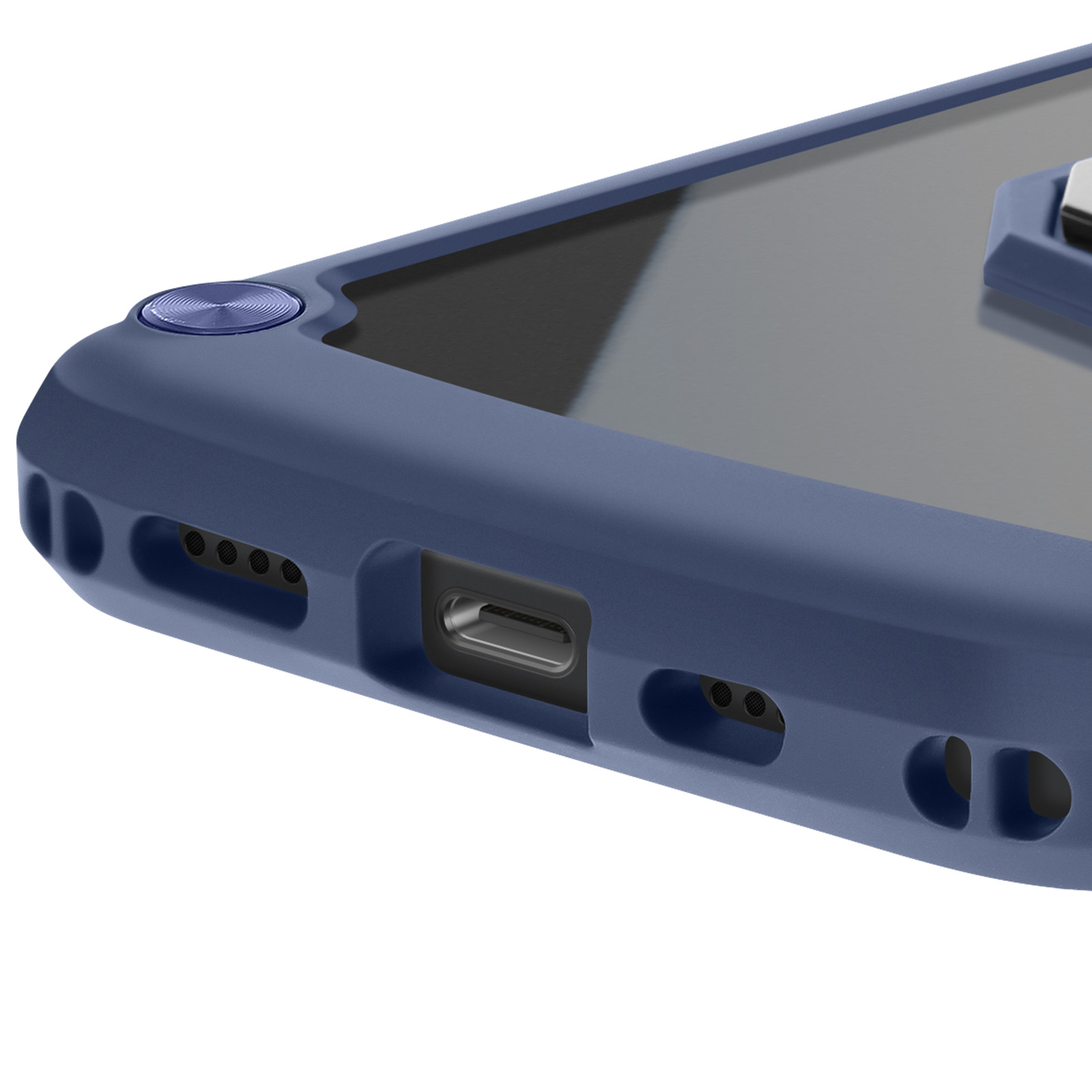 Custodia blu per telefono, con porta di ricarica, fori per altoparlanti e un pulsante.