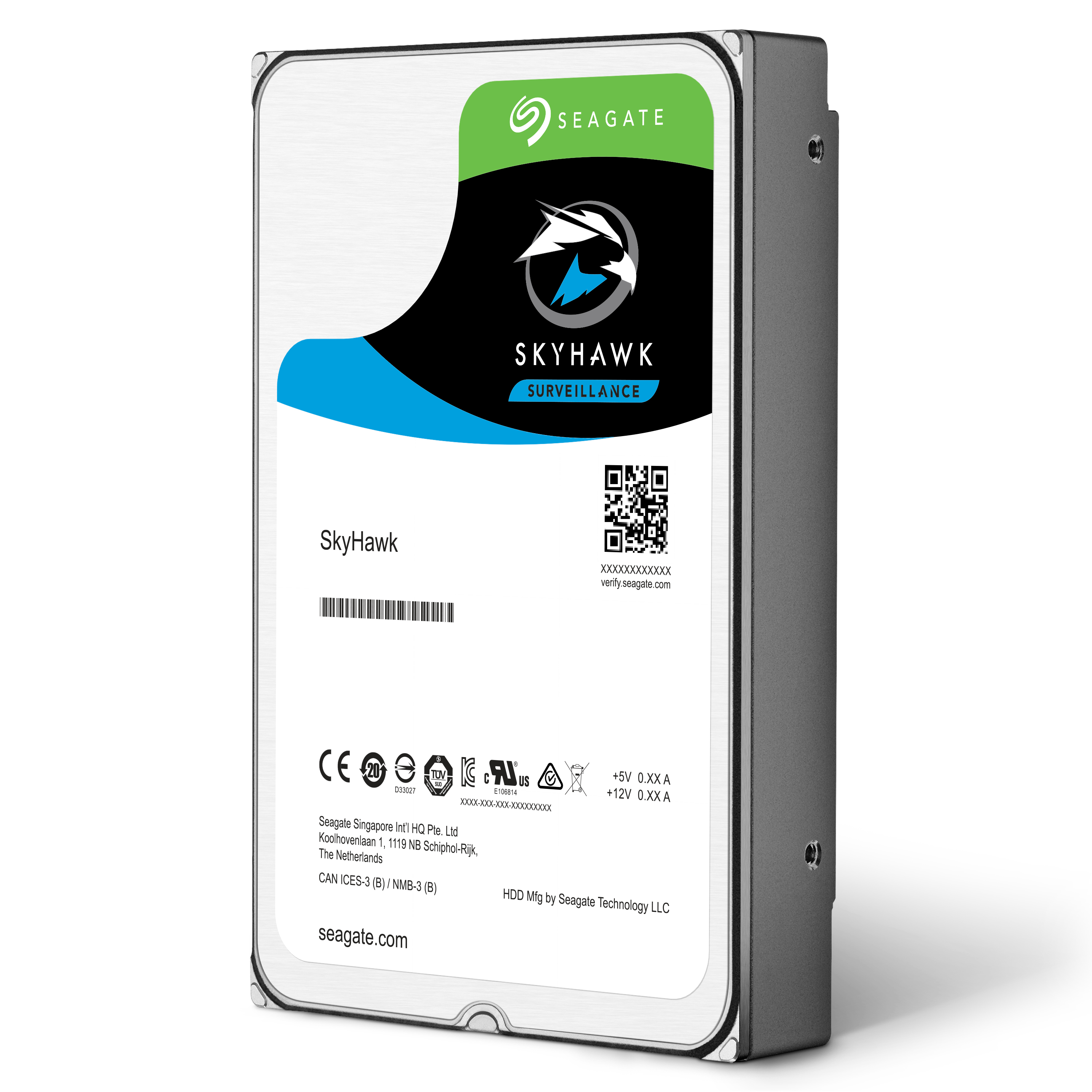 Disco rigido Seagate Skyhawk con etichetta. Custodia argentata, etichetta verde e blu.