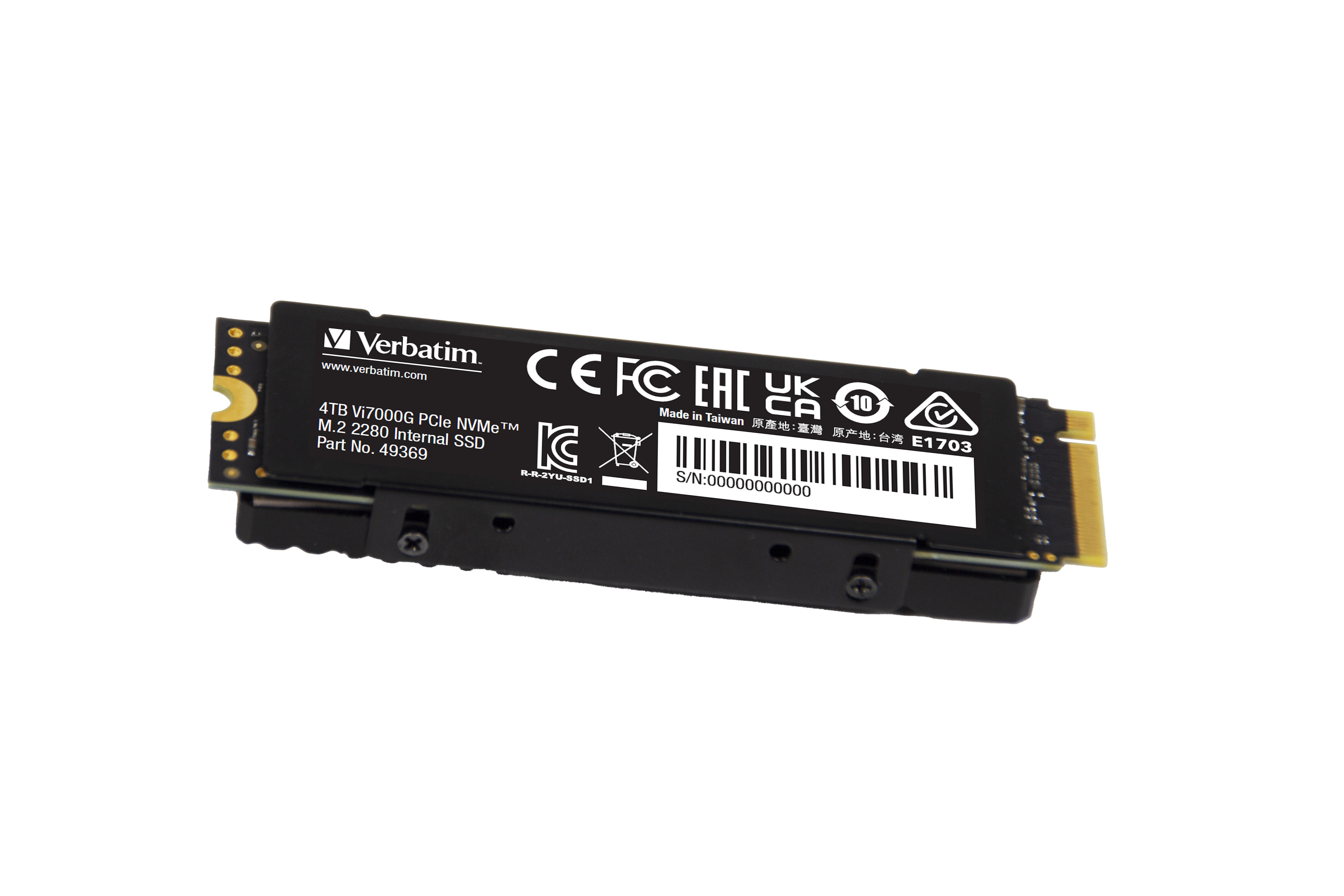 Czarny wewnętrzny dysk SSD Verbatim 4TB V7000G PCIe NVMe M.2 2280 na białym tle. Dysk SSD jest czarny.
