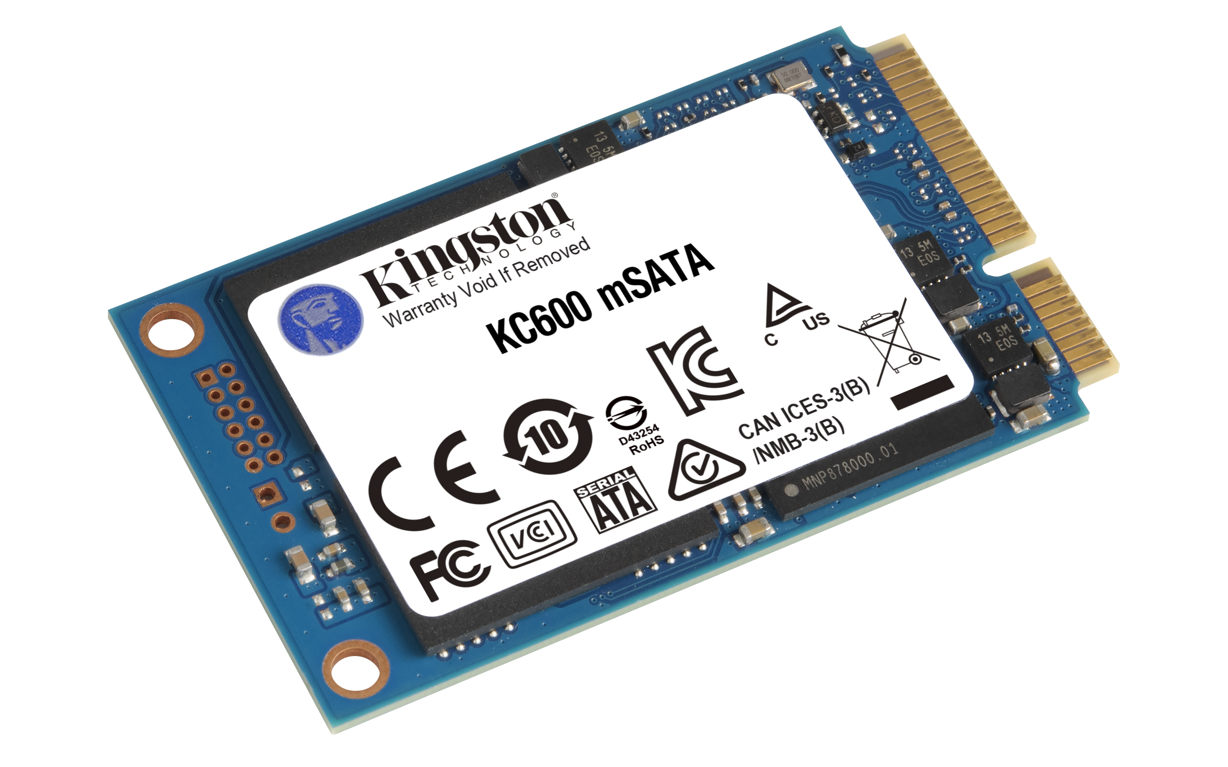 Dysk SSD mSATA Kingston z białą etykietą i niebieską płytką drukowaną.