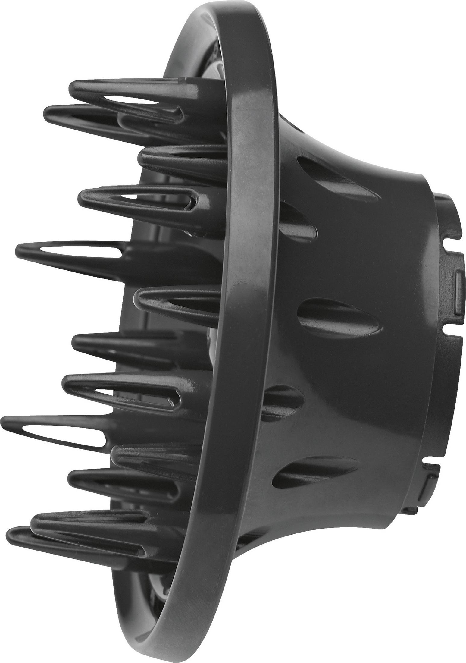 Zbliżenie czarnego dyfuzora do suszarki do włosów, pokazujące wiele kolców. Białe tło.