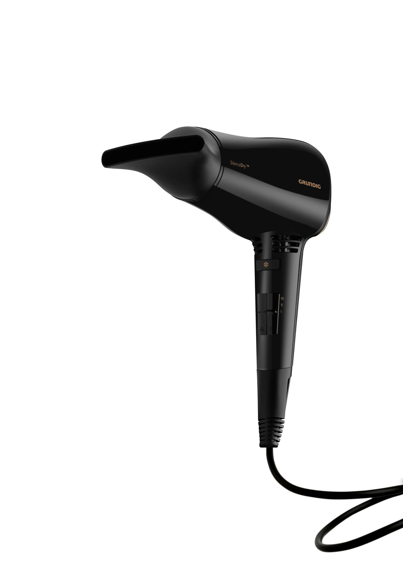 Czarna suszarka do włosów Grundig. Białe tło.