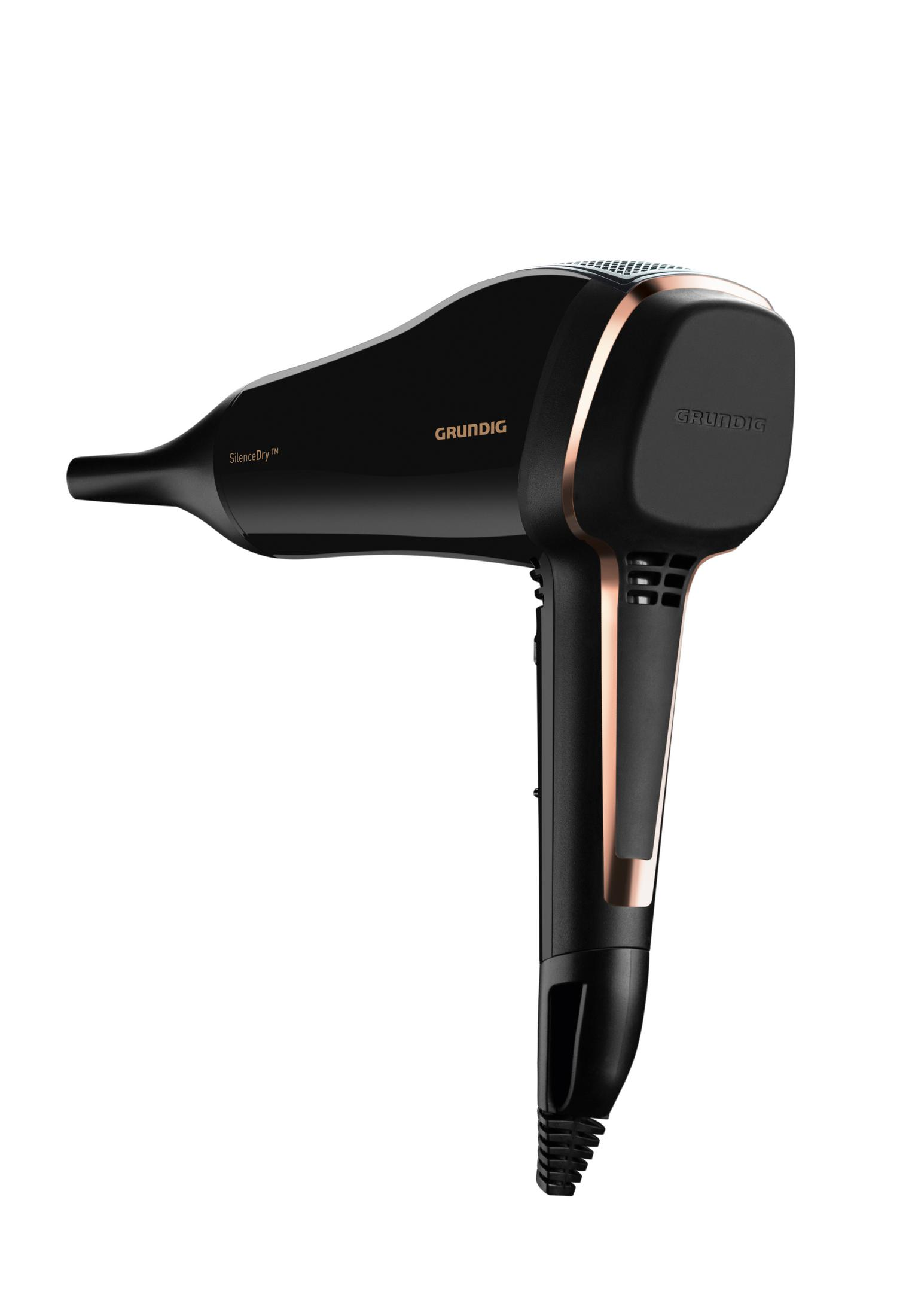 Czarna suszarka do włosów Grundig ze złotymi różami. Białe tło, ujęcie pod kątem.